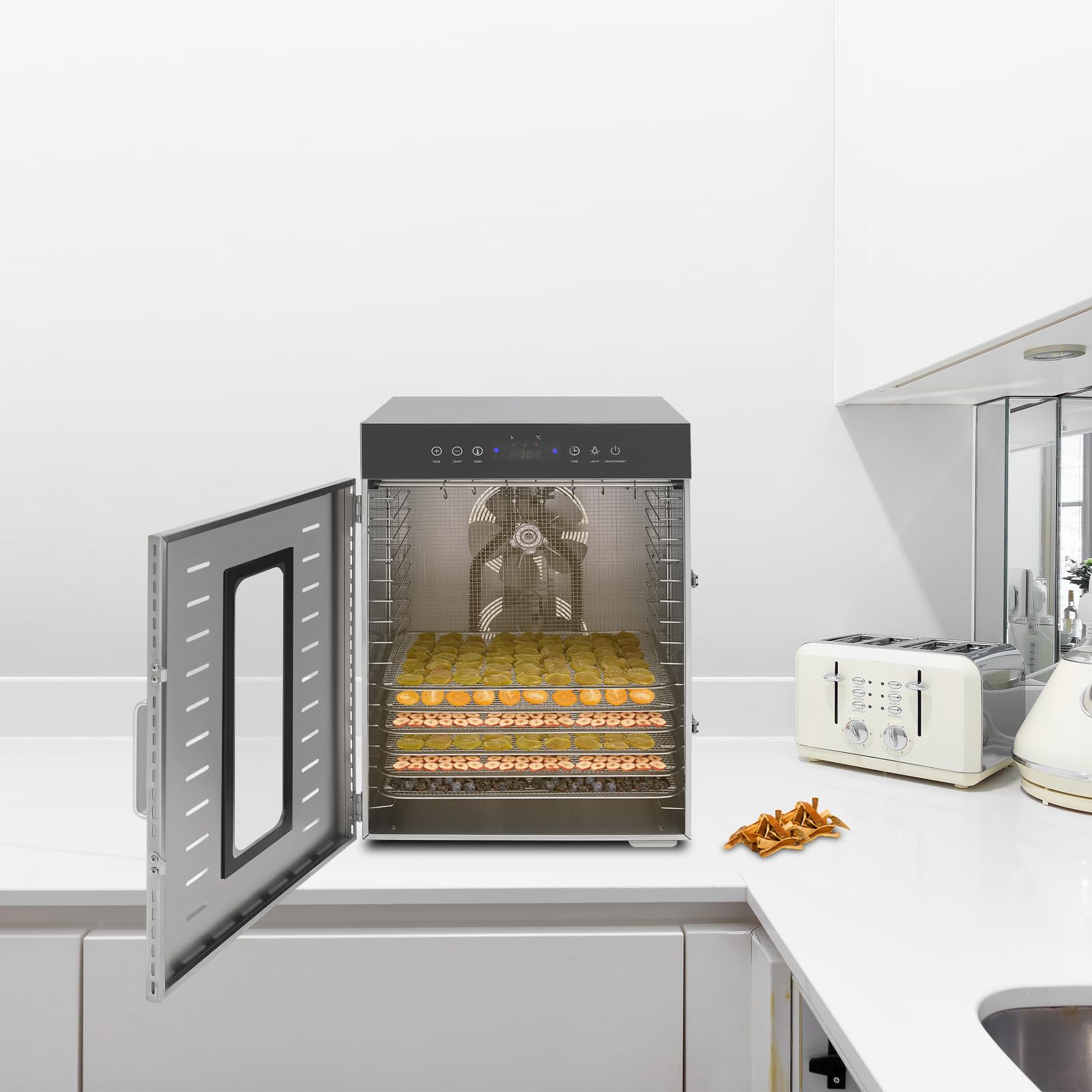 Deshidratador de acero inoxidable con 16 niveles, control de temperatura de 20 – 90 °C, temporizador de 24 horas y libro de recetas, 1370 W, doble ventilador deshidratador para un secado eficiente de