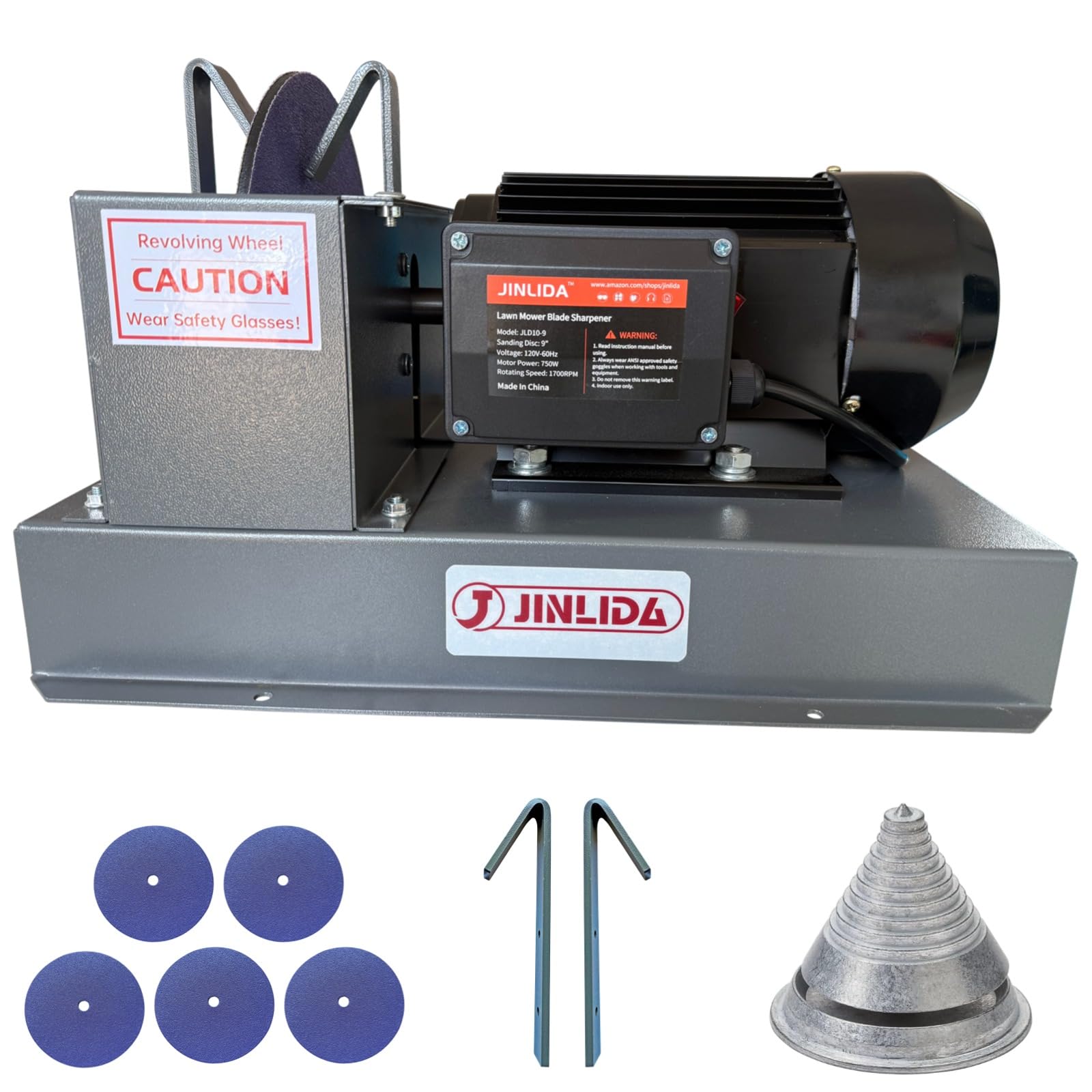 JLD10-8 - Afilador de cuchillas para cortacésped, 2/3 HP 500 W, máquina afiladora con rueda de molienda de cerámica de 7 pulgadas y equilibrador y 5 discos de lijado, aplicable a cuchillas planas
