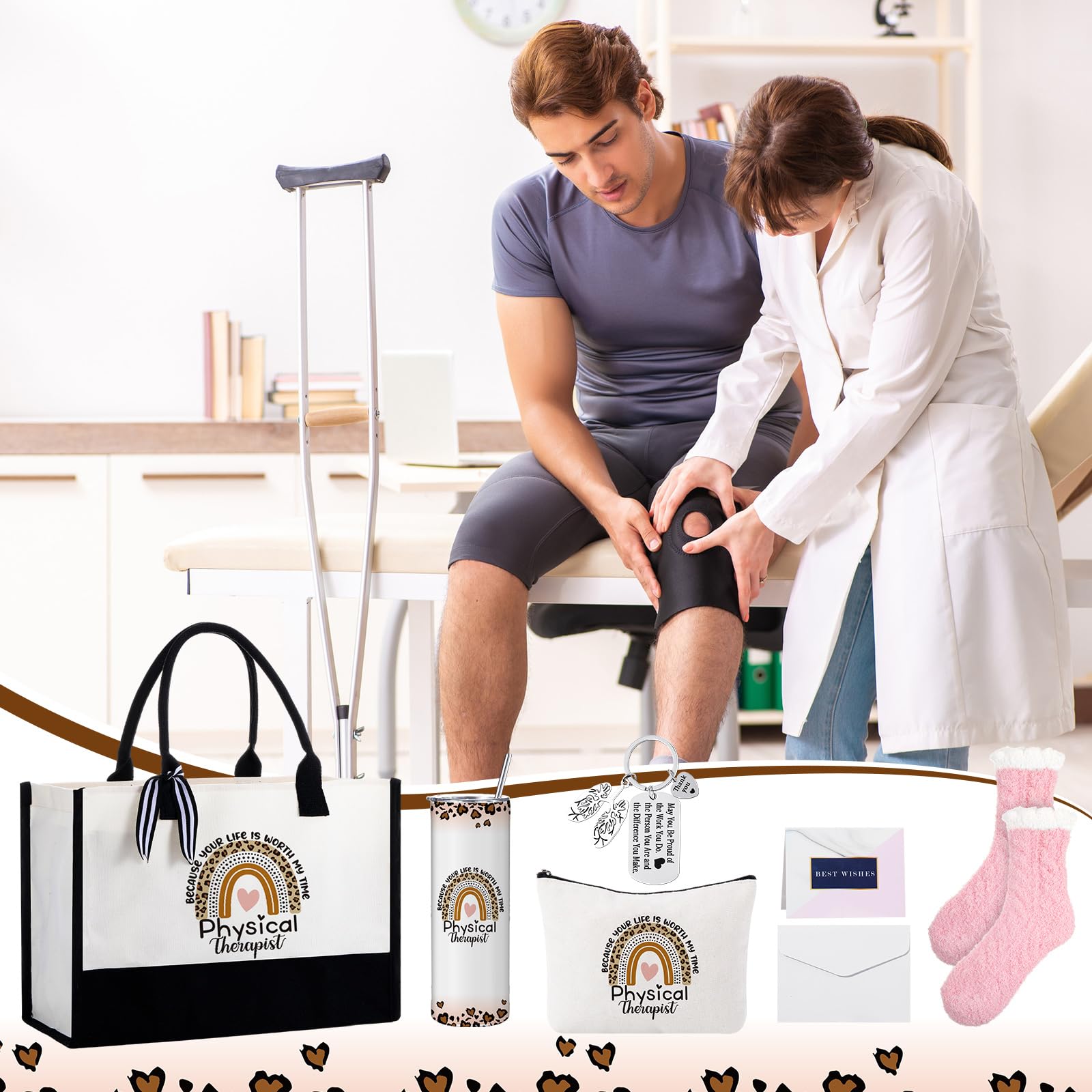 Geiserailie 8 Pcs Physical Therapist Appreciation Gifts for Women Including Large Tote Bag Cosmetic Bags Tumbler Cup Plush Socks Metal Keychain Card and Envelope for PT Doctor Student Gifts