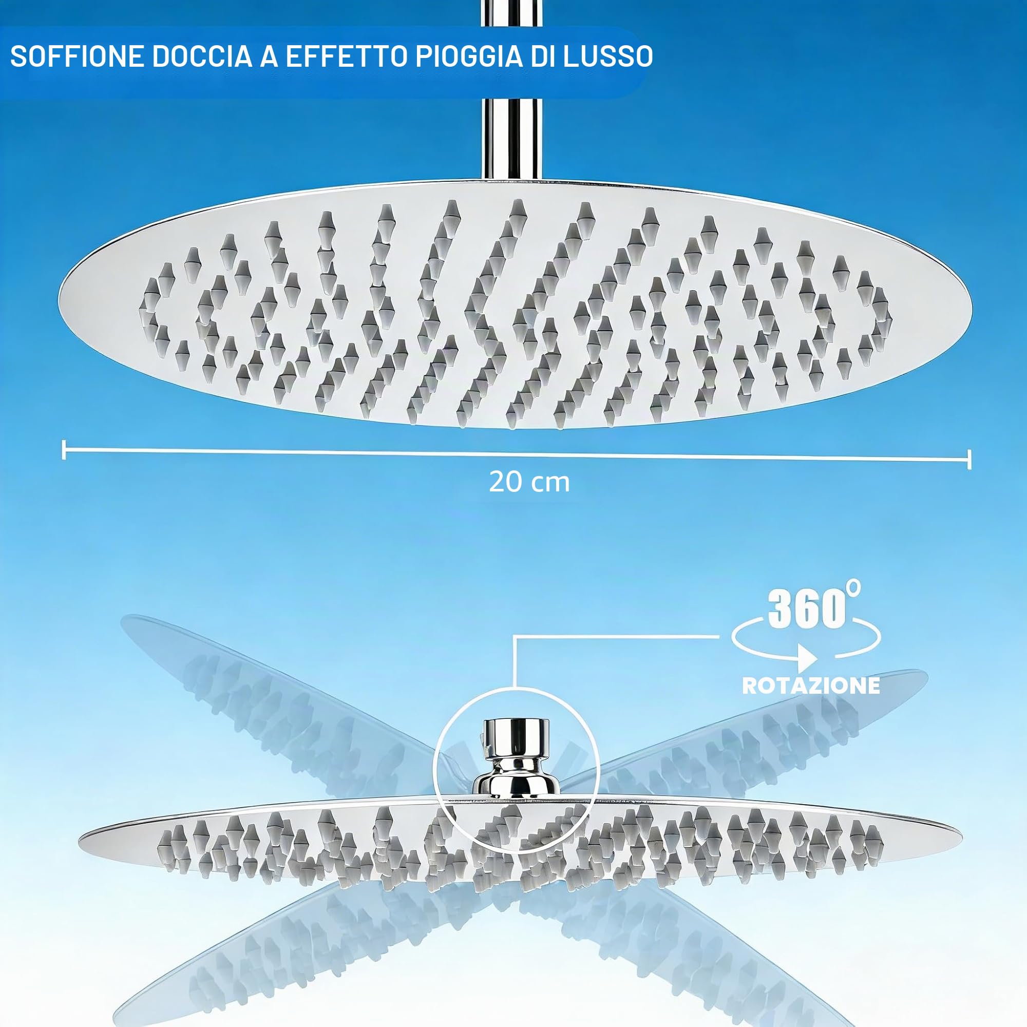 Soffione doccia rotondo Krobec da 8 pollici/20 cm, soffione doccia a pioggia, soffione doccia in acciaio inossidabile, acciaio inossidabile 304, girevole a 360°, facile da installare e pulire.