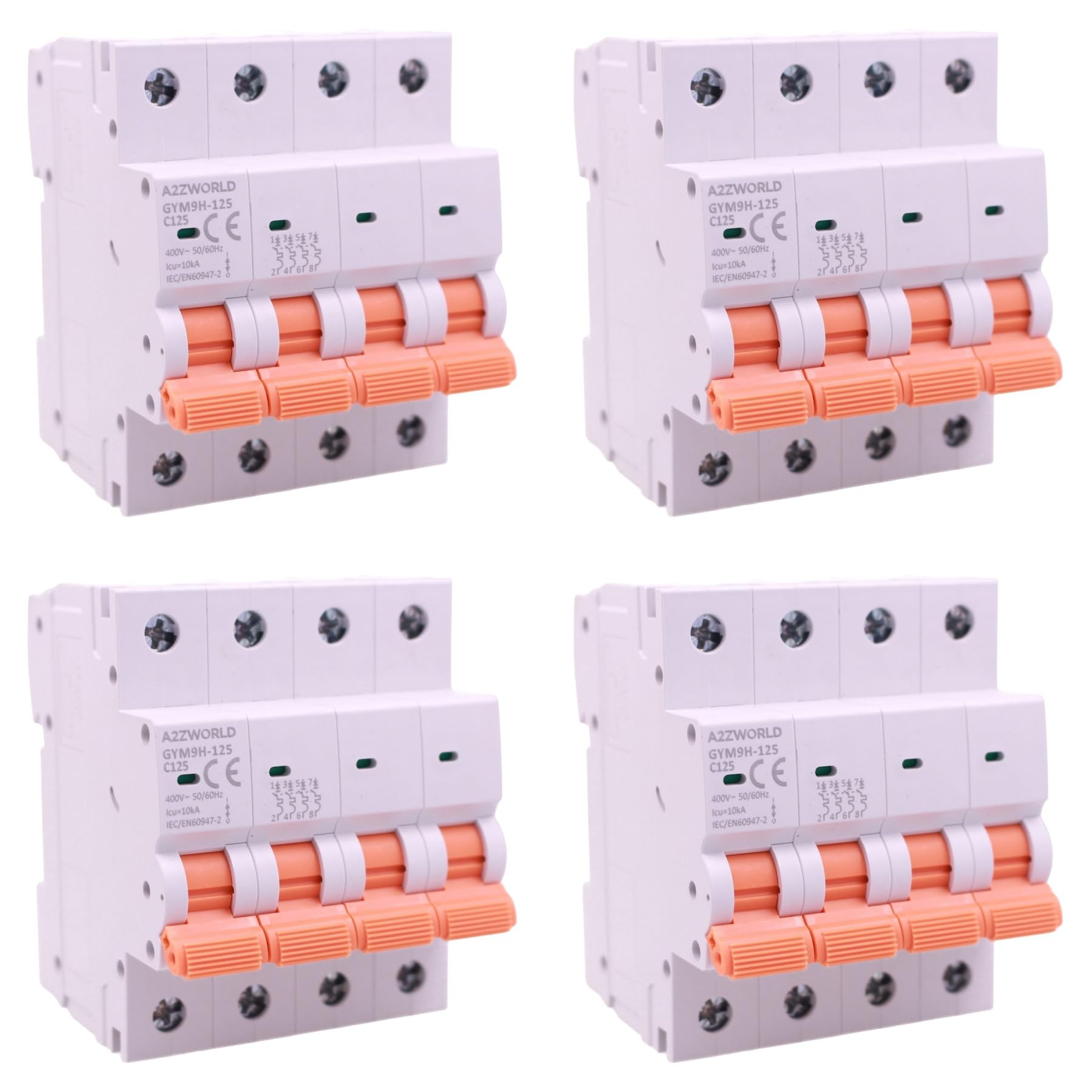 4 interruptores magnetotérmicos trifásicos 4P 125 A C125, curva C 10 kA, 4 módulos DIN 380 V AC, certificado IEC60898-1, serie GYM9H-125