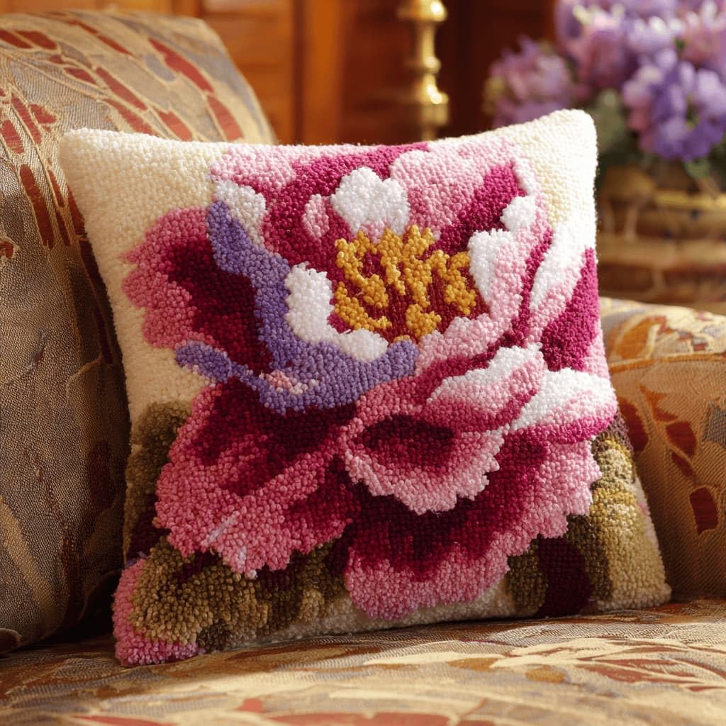 Kitquiver Beginner Latch Hook Cushion Kit,Peony Decor Pillow Cover 43X43Cm