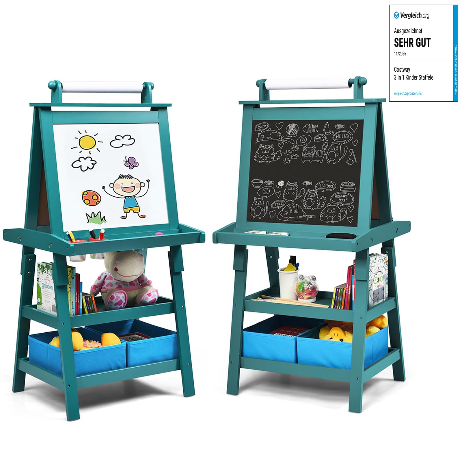 COSTWAY 3 in 1 Cavalletto per Bambini con Doppia Faccia, Cavalletto per Disegno con 2 Vassoi e 2 Scatole, Lavagna Bambini in Legno (Blu)