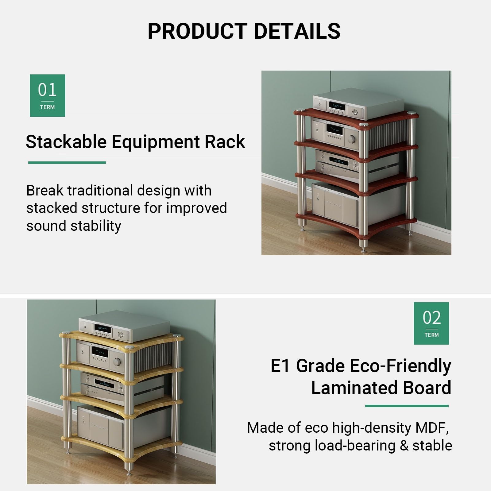 Mobile HiFi Rack Audio Stand Multi-Tier, Scaffale AV Media Cabinet Legno | Mobiletto Audio Portastereo con Punte Isolanti in Metallo per Amplificatore & Giradischi(Teak,3-Tier)