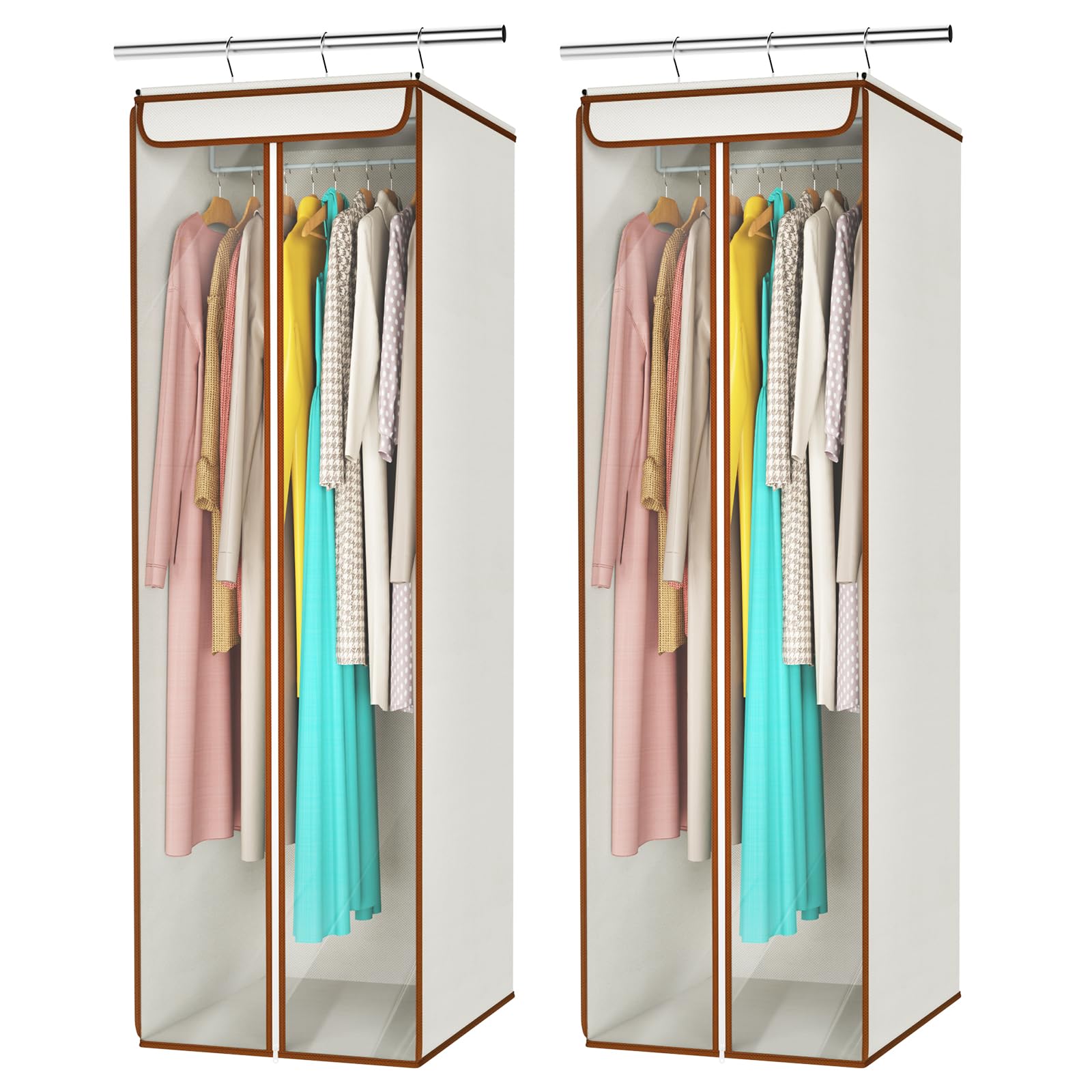 Univivi Garment Bags for Hanging Clothes, Large Clothes Storage Bags Closet Organizer with Clear Window, Premium Hanging Garment Storage Bag for Suits, Coats, Dresses, 54", 2 Pack (Beige)