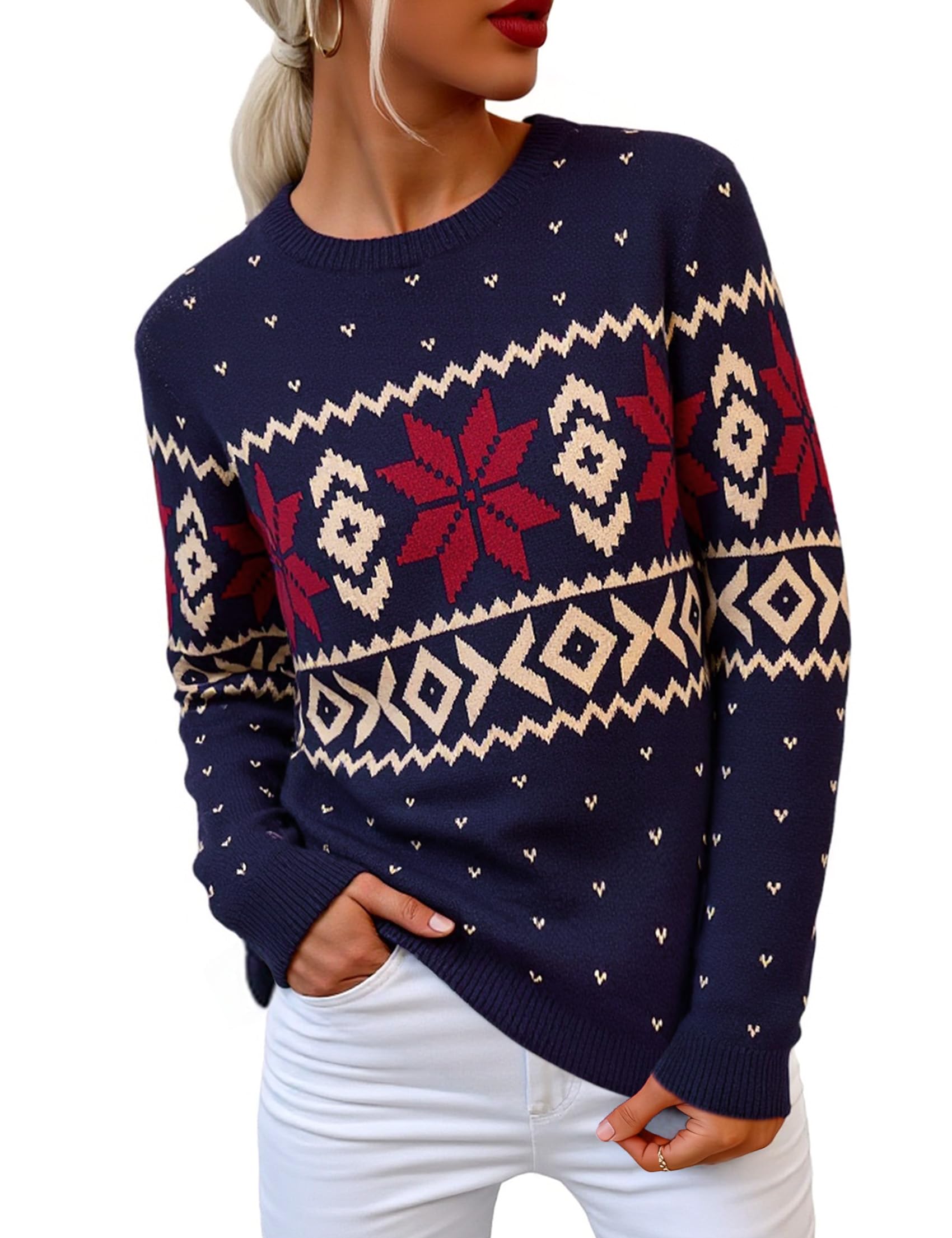 Terecey Jersey Navideño Mujer Gracioso Cálido Invierno Suéter Navideño con Estampado con Santa Claus y Copos de Nieve Ropa Navidad Merry Christmas 2025