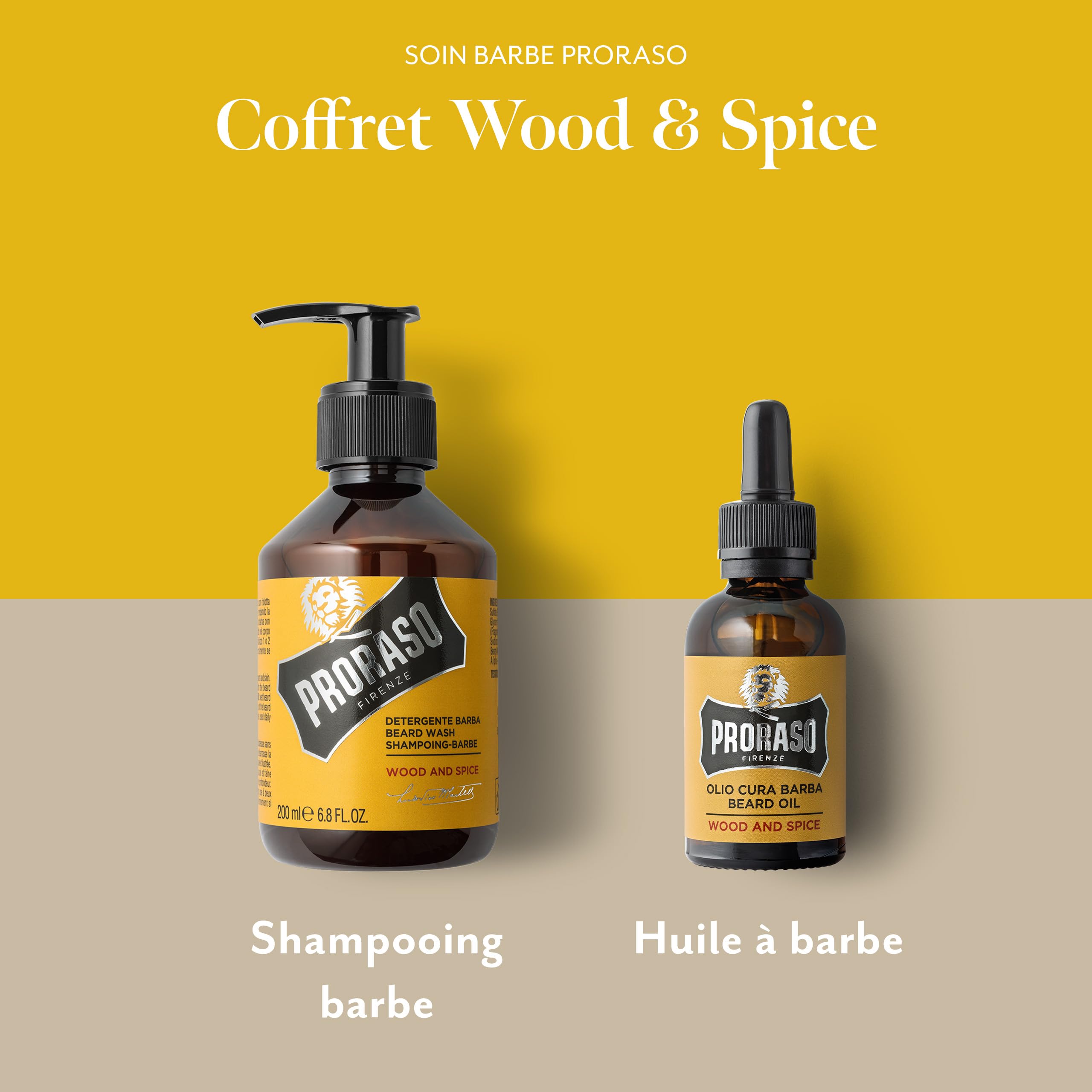 Proraso Coffret Soin Barbe Wood & Spice (2 produits) - Coffret cadeau pour hommes avec nettoyant à barbe et huile à barbe, parfum avec cumin et safran - Fabriqué en Italie