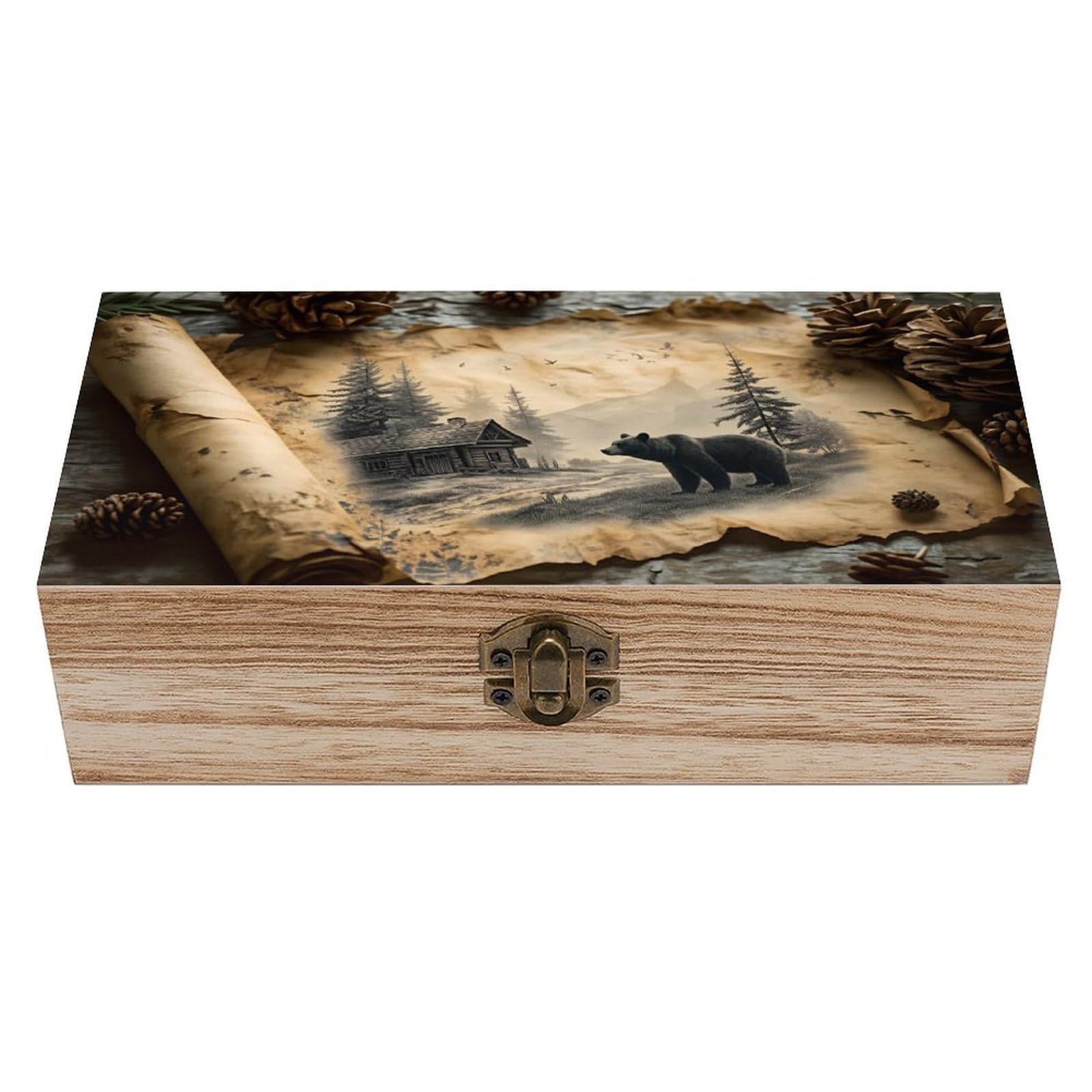 SMAZDFXX Bear Cabin Pinecone Scene Wooden Keepsake Box Vintage Solid Wood with Hinged Lid 7.9"×3.7"×2.3" Metal Latch Rustic Home Decor for Jewelry Photos And Trinkets