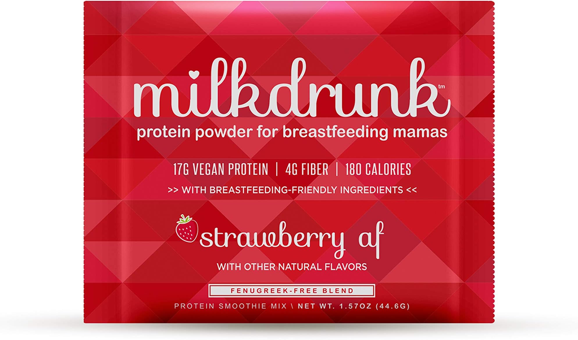6-Pack Pouches - Milk Drunk Fenugreek-Free - Strawberry Dairy Free Protein Powder for Breastfeeding - Vegan Protein & Lactation-Boosting Nutrition - Oats, Flax, Brewer's Yeast - Gluten Free