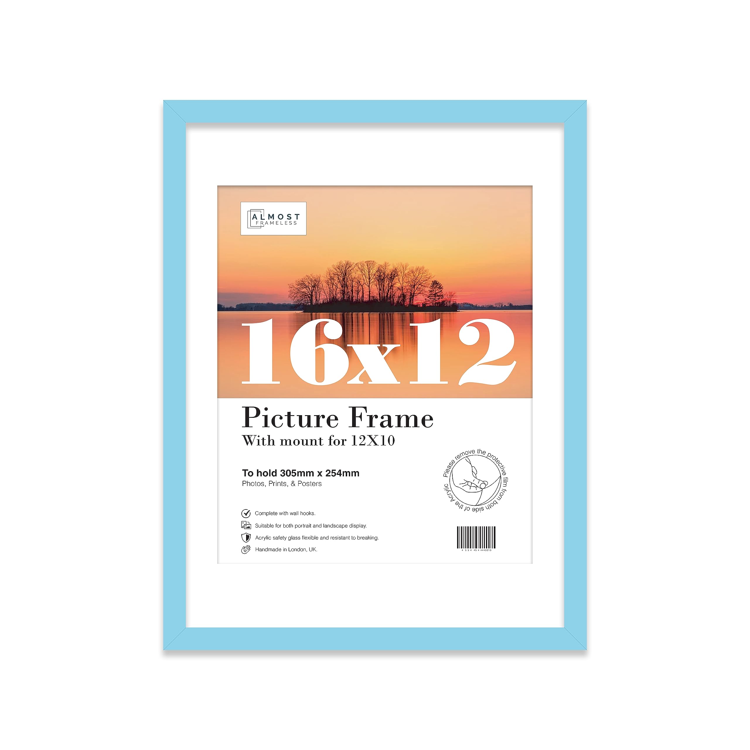Almost Frameless 16x12 Light Blue Picture Frame With Mount for 12x10 Print, Poster or Photo Poster, Photo, Artwork, or Print. Thin Edge Slim Frame Portrait and Landscape Display with Wall Hooks