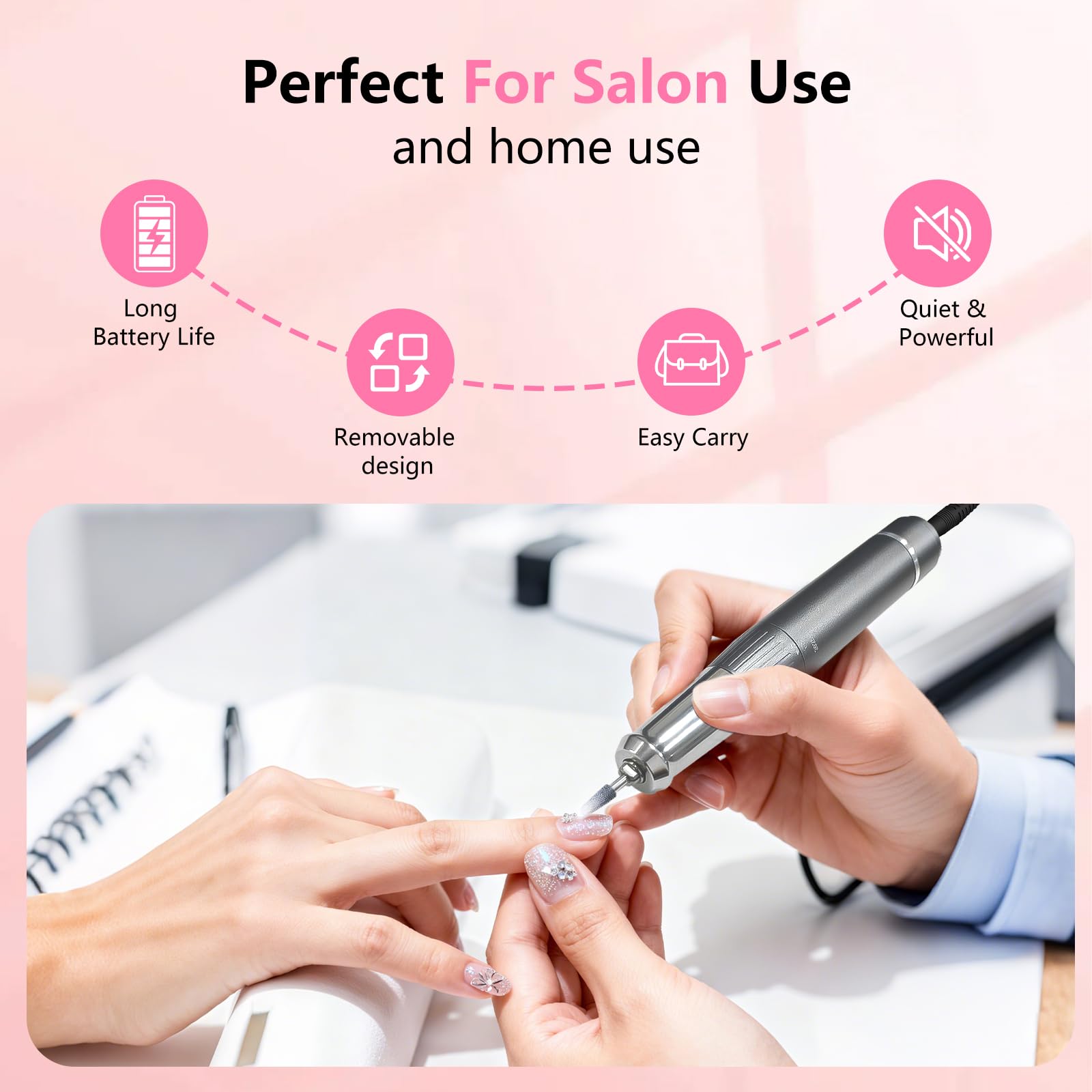 BETE Professioneller Nagelbohrer mit bürstenlosem Motor, 40.000 U/min, kabellos, elektrisch, Nagelfeilen-Set mit 6 Bits, wiederaufladbares Efile für Acrylgelnägel, Maniküre-Werkzeuge für den