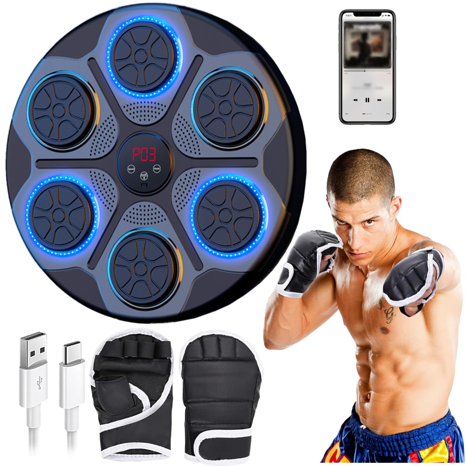Boxing Machine avec Bluetooth, Hauteur Réglable, 4 Modes, Machine de Boxe Musicale Adulte avec Gants, Boxe Mural Musique pour l'intérieur, Exercices à Domicile, Décompression, Exercice
