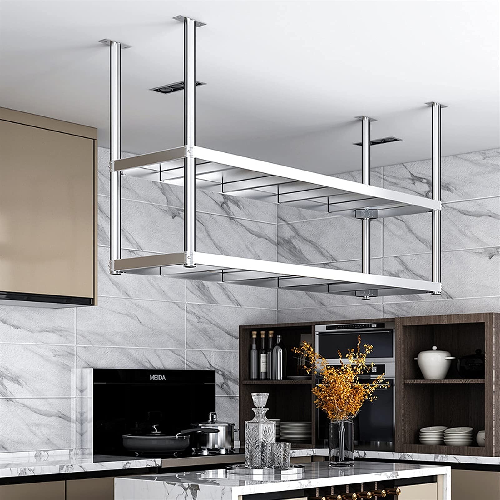 Mensola da soffitto Mensole da Parete Moderne galleggianti a 2 Livelli, mensole per Piante da Bar per personalità con Supporto per Fiori a soffitto, mensole da Cucina industriali i