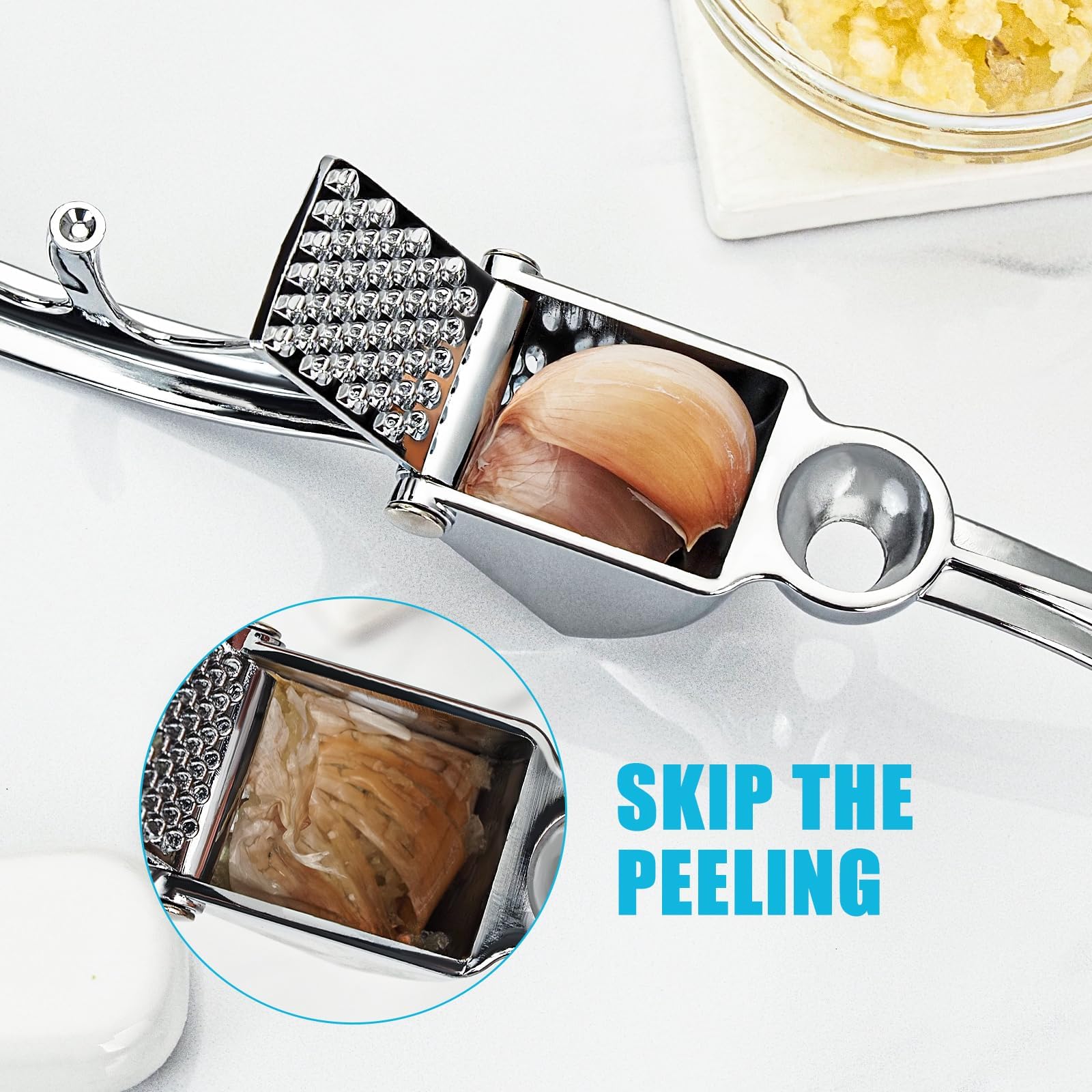 Prensa Ajos Profesional de Acero Inoxidable, Machacador de Ajos y Picador de Ajo Resistente, Prensador de Ajos Ergónomico, Lavable en Lavavajillas, Utensilio de Cocina Pesado y Duradero
