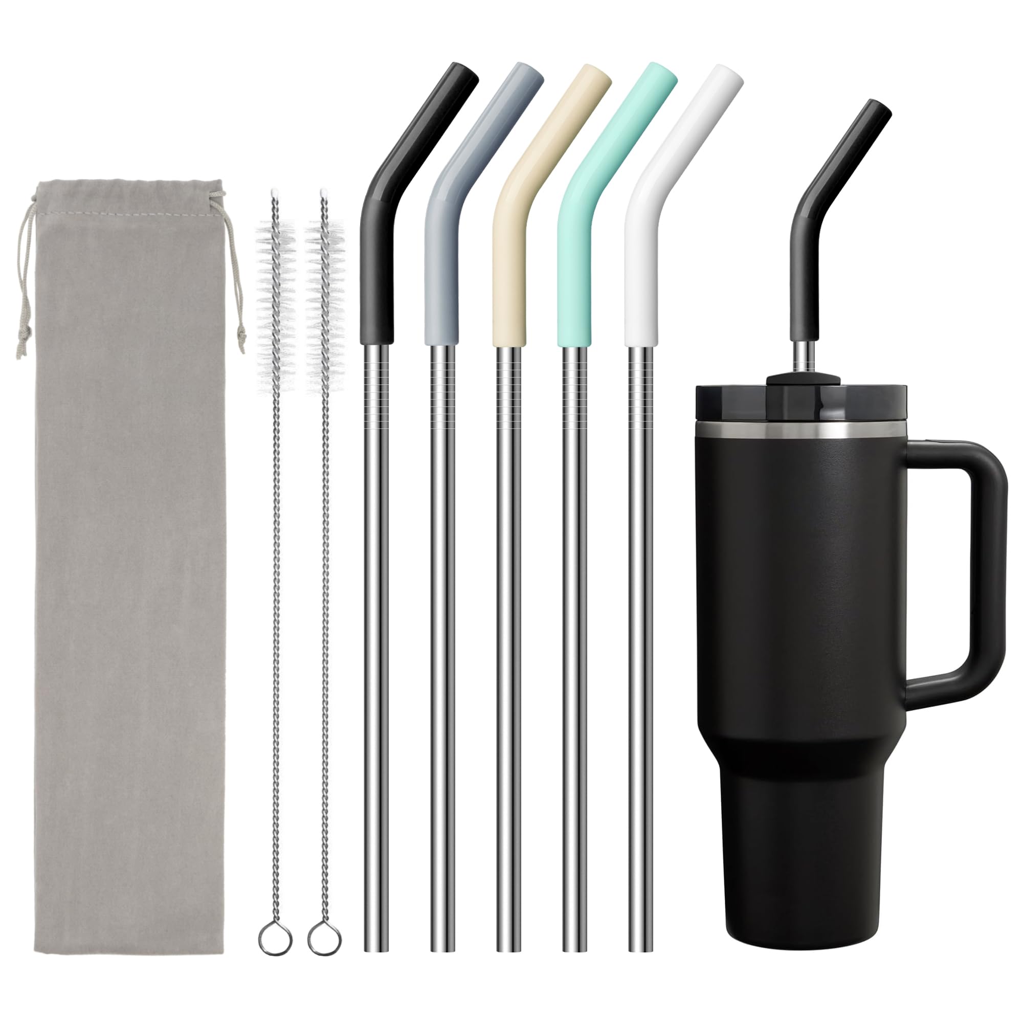 Metal Straw for 40 oz Stanley Cup, Reusable Stainless Steel Straws with Silicone Tip for Simple Modern, Meoky 40oz Tumbler, 12" Extra Long Straws, Cleaning Brush, 1 Portable Bag
