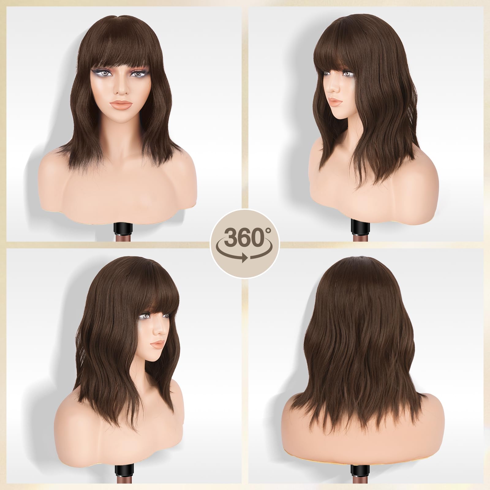 FESHFEN Misto Marrone Parrucca Ondulato Corta con Frangia, Parrucche Donna Bob Corte Riccia Uso Quotidiano del Partito Cosplay Sintetiche Parrucches per Donna, 35cm