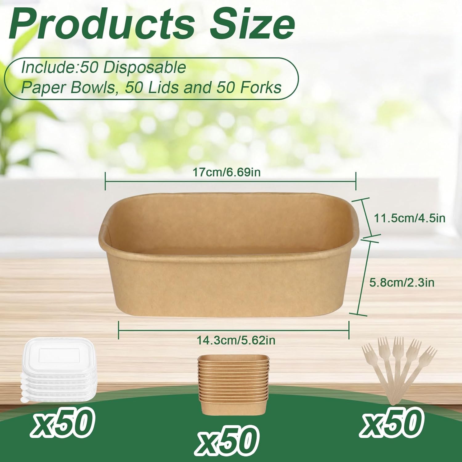 50 Pack 22oz Paper Food Containers【with Lids and Forks】, Disposable Meal Prep Containers for Lunch Meal Prep, Salad, Ice Cream, Soup, Rectangle Kraft Paper Bowls, Microwave Freezer Safe - Image 3