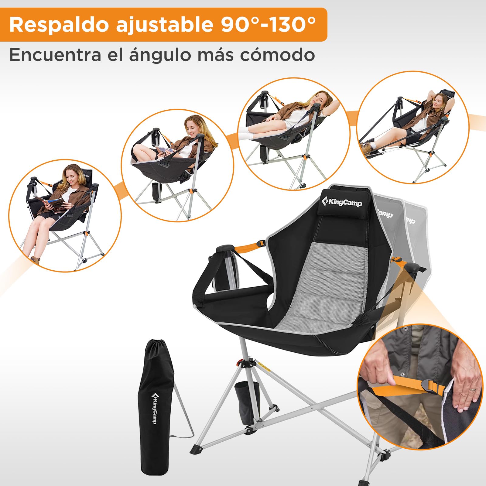 KingCamp Silla Mecedora de Camping con Reposapiés Plegable Negra | Respaldo Reclinable 90-130°, Balanceo Suave, Hasta 180 kg, Reposacabezas, Aluminio, Portavasos para Camping y Jardín
