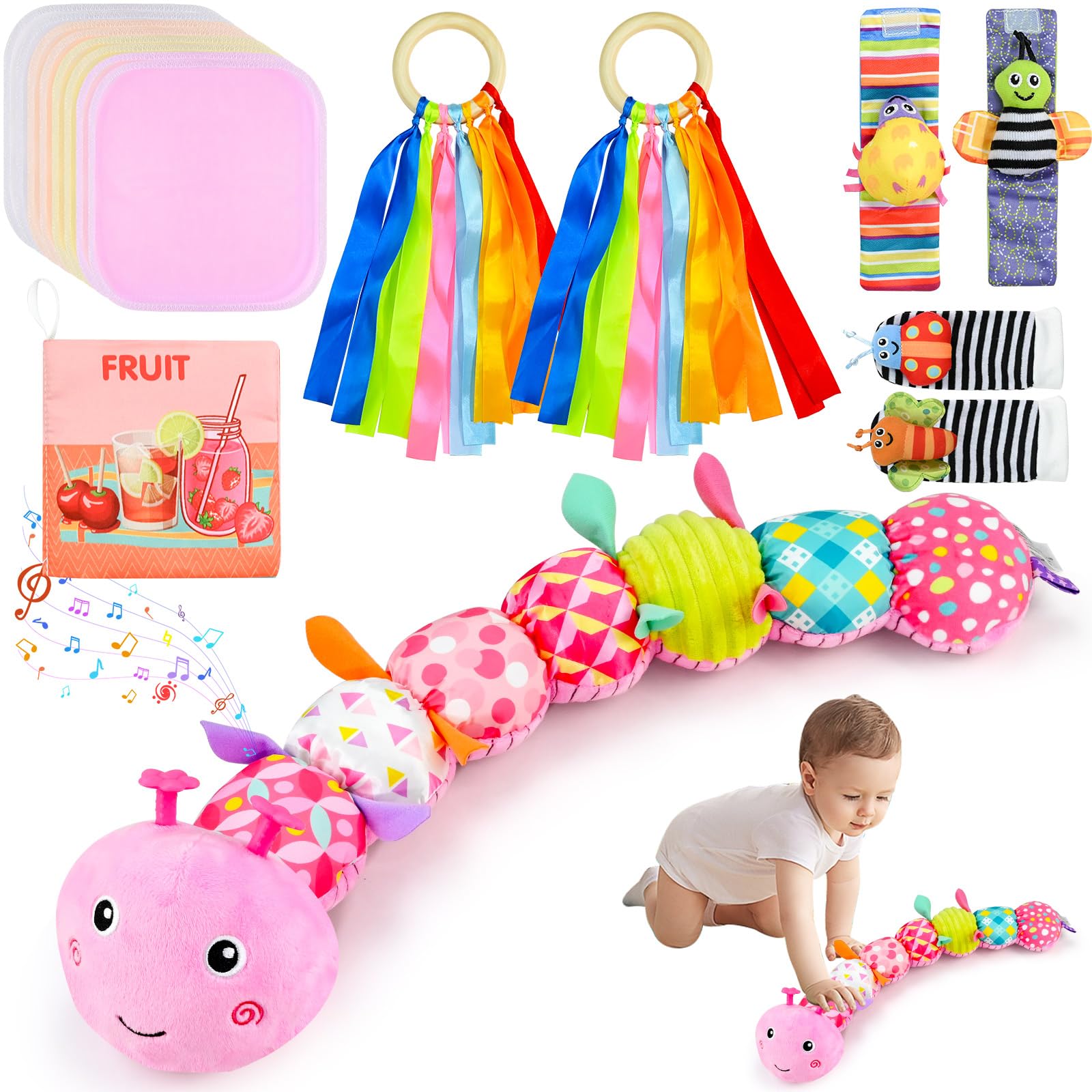 17 PCS Baby Toys 0-6 Months - Sensory Newborn Baby Toys for Babies, Musical Caterpillar Toy, Double Sided Soft Book, Wrist Rattles & Footfinder Set, Colourful Silk Scarves,Gifts for 3 6 9 12 Month