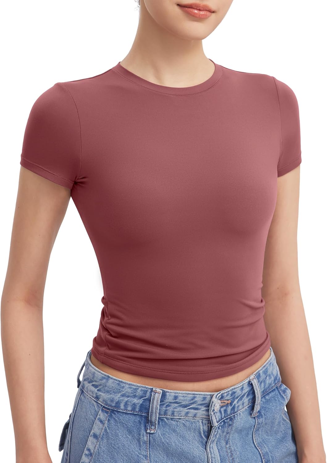 PUMIEY Women's Crew Neck Short Sleeve Tops Double Lined Slim Fit T Shirts Basic Tee Smoke Cloud Pro Collection - Image 2