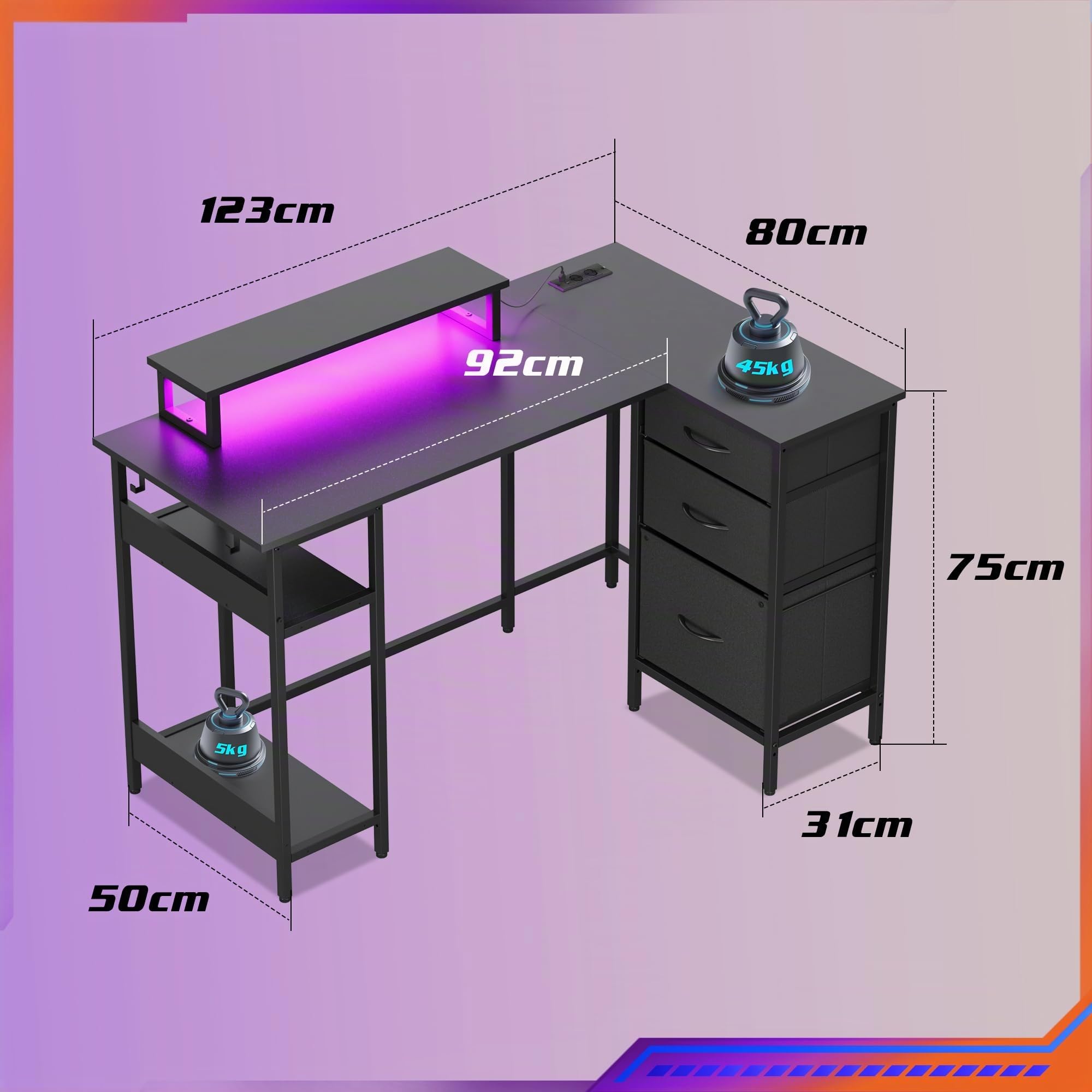 DEVAISE Eckschreibtisch L Form 120 x 80 cm mit Schubladen mit Steckdose und USB, Computertisch mit Ablageflächen für Homeoffice, Gaming & Schlafzimmer, Schwarz
