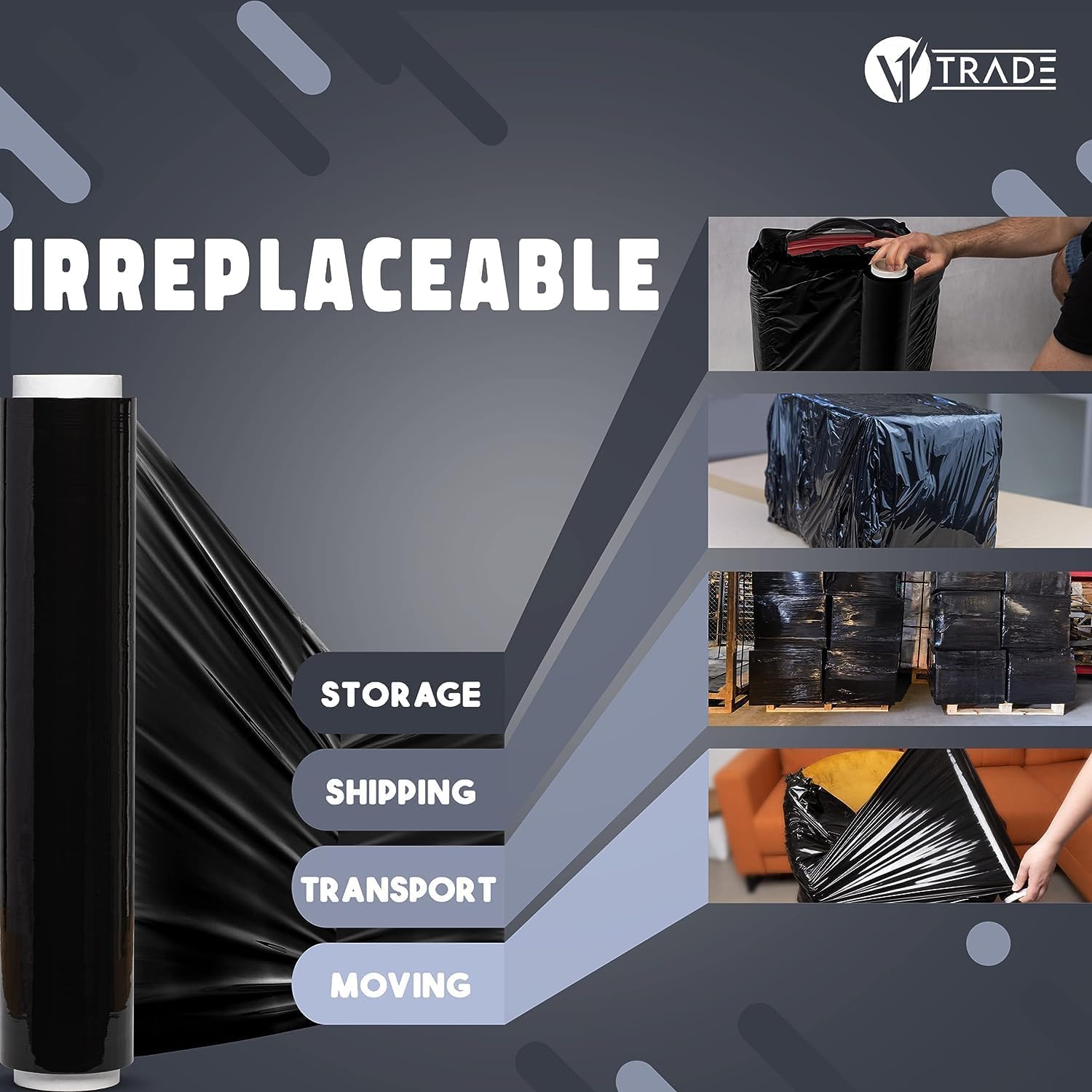 V1 Trade Stretchfolie Schwarz 50cm Breit Handstretchfolie Verpackungsfolie auf Rolle