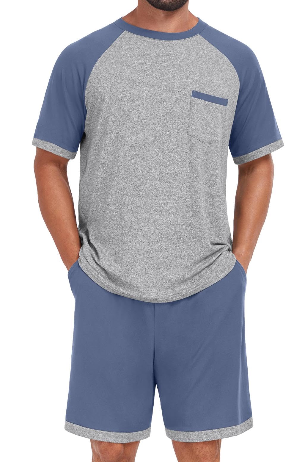 Mens Pajamas Set Shirt and Shorts Lightweight Summer Sleepwear