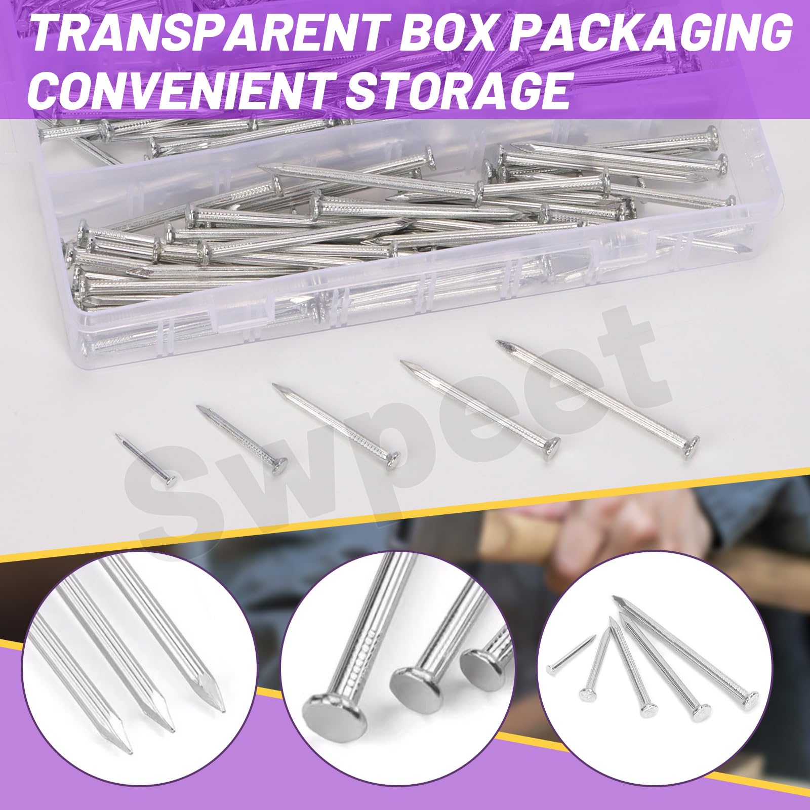 Swpeet 4800Pcs 4 Sizes 5/8" 1" 1-1/2" 2" 18ga Gauge Nails Ulti-Length Galvanized Brad Nails