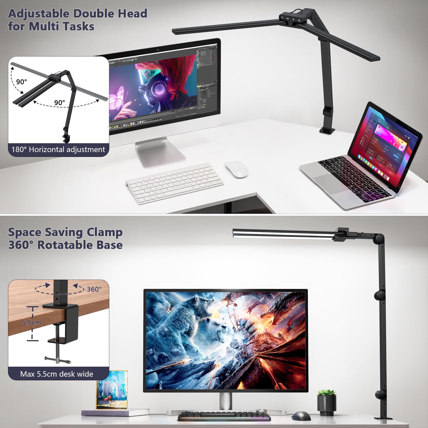 KableRika Schreibtischlampe LED Dimmbar, 24W 80cm ultrahelle Doppelkopf Schreibtischlampe Klemmbar, 1200lm Augenschutz Büro Tischlampe Mit Schwenkarm, Monitor Lampe, Tageslichtlampe, Auto-Dimmen image_1