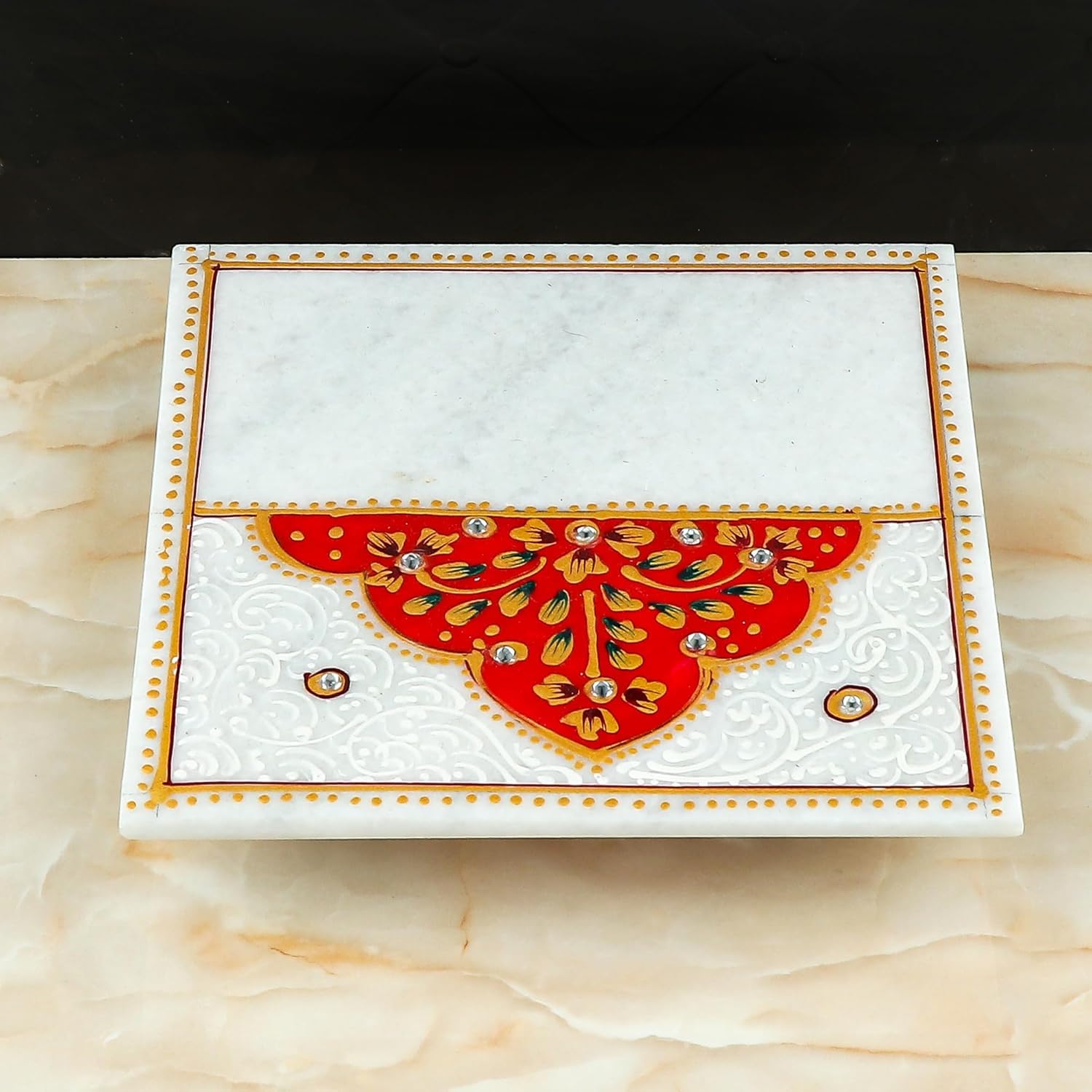 Marble Pooja Chowki - Makrana Marble with Kundans -8
