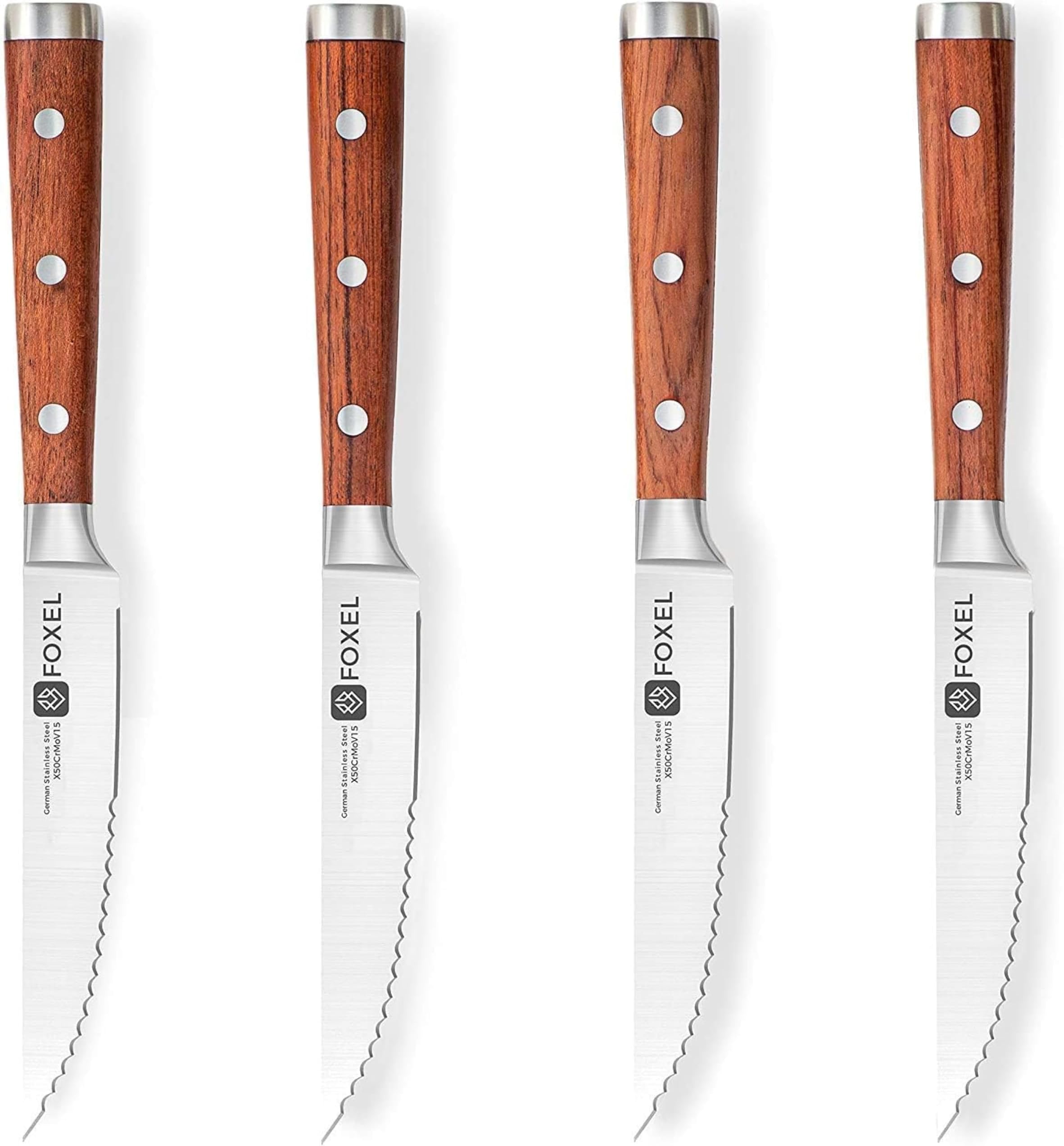 FOXEL Premium Classic Rosewood Handle Steak Knife Set Gift Box, Sharp Rust-Proof German Stainless Steel Serrated Blade, Perfect Gourmet Cutlery Gift
