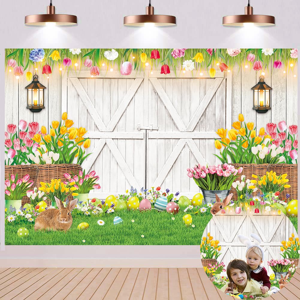 Spring Easter Backdrop Happy Easter White Barn Door Bunny Floral Colorful Eggs Photography Background Kids Children Family Garden Easter Party Bridal