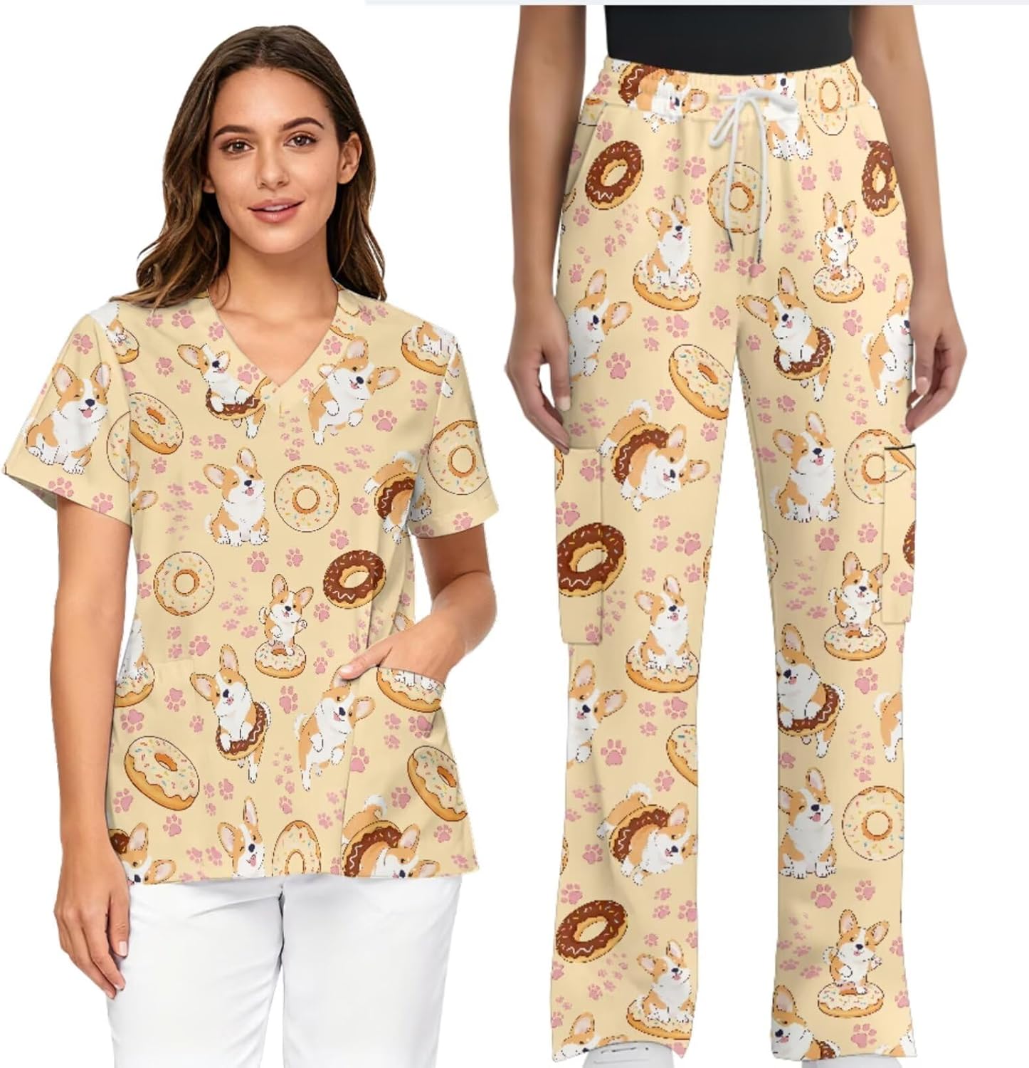Scrubs Set for Women Nurse Uniform Jogger Suit Stretch Top & Pants with Multi Pocket Nurse Esthetician Workwear
