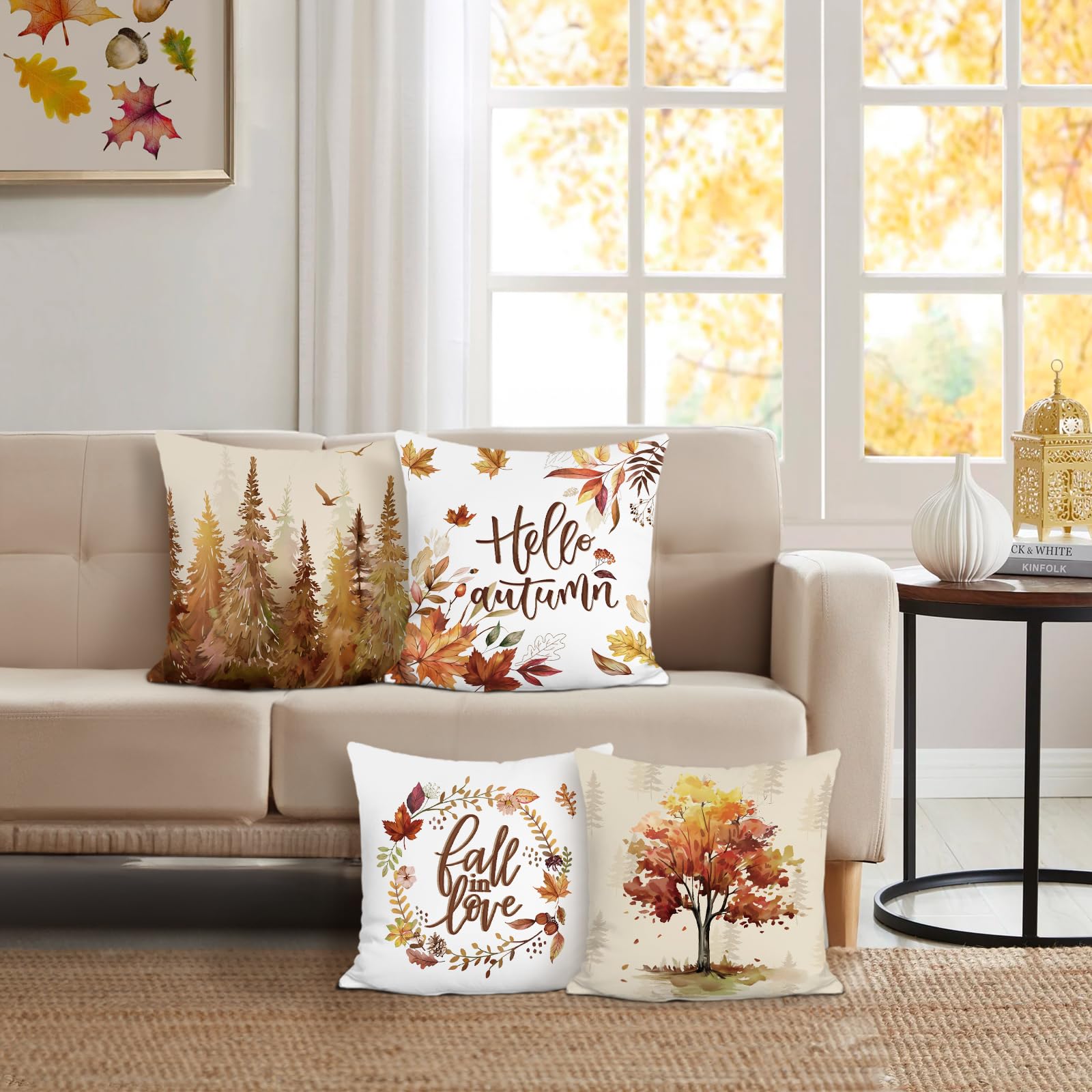 Cuscini Decorativi Autunnali Con Foglie - Set Di 2 Copricuscini 55x55 Cm In Velluto Impermeabile Per Divano, Interno Ed Esterno