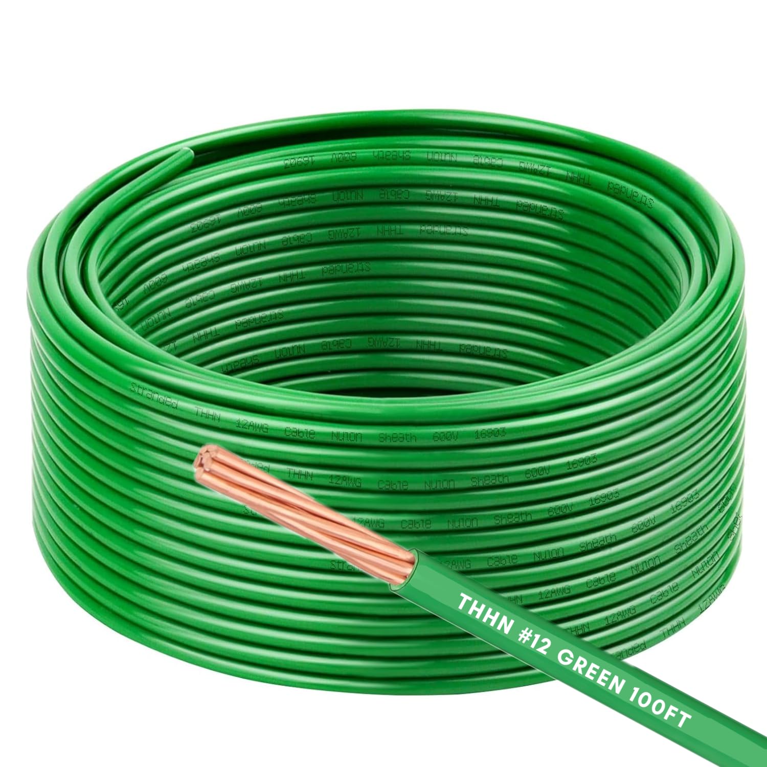 12AWG THHN Wire 12 Gauge 100 FT OFC Copper Electrical Stranded Copper Conductor 600V Building Wire with PVC Nylon Insulation (Green 100FT) Green 12 Gauge 100FT