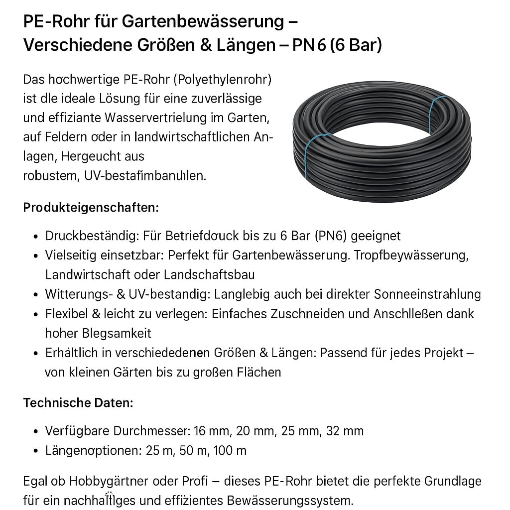 PE Rohr für Gartenbewässerung – verschiedene Größen & Längen – PN6 (6 Bar) Hochwertiges PE-Rohr (Polyethylenrohr) zur effizienten Wasserverteilung im Garten, auf Feldern (25mm - 25m)