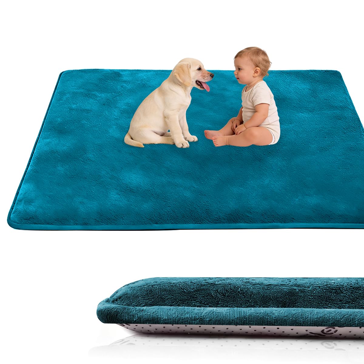 Voxirum 3 CM Thick Coral Velvet Area Rugs Play Mat Carpet Crawling Mat Blue-green High-Density Memory Foam Area Rug for Nursery Baby Toddler Children Kids Room, Yoga Mat Exercise Pads