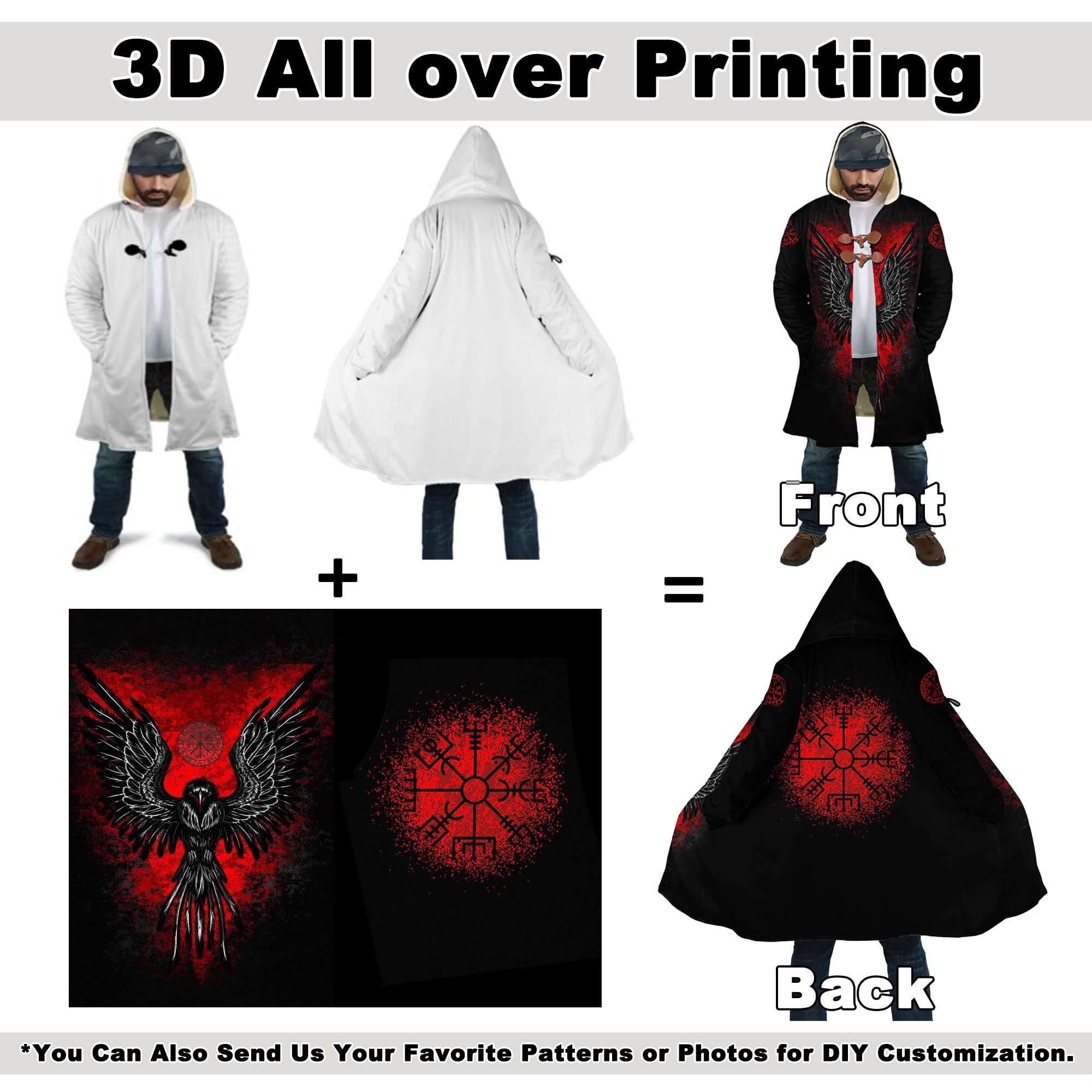 Viking Odin Hombres Invierno Poncho con capucha, cremallera completa engrosada Chaqueta con capucha caliente, de lana de imitación Parka Abrigo Chaqueta Casual Abrigo Bata