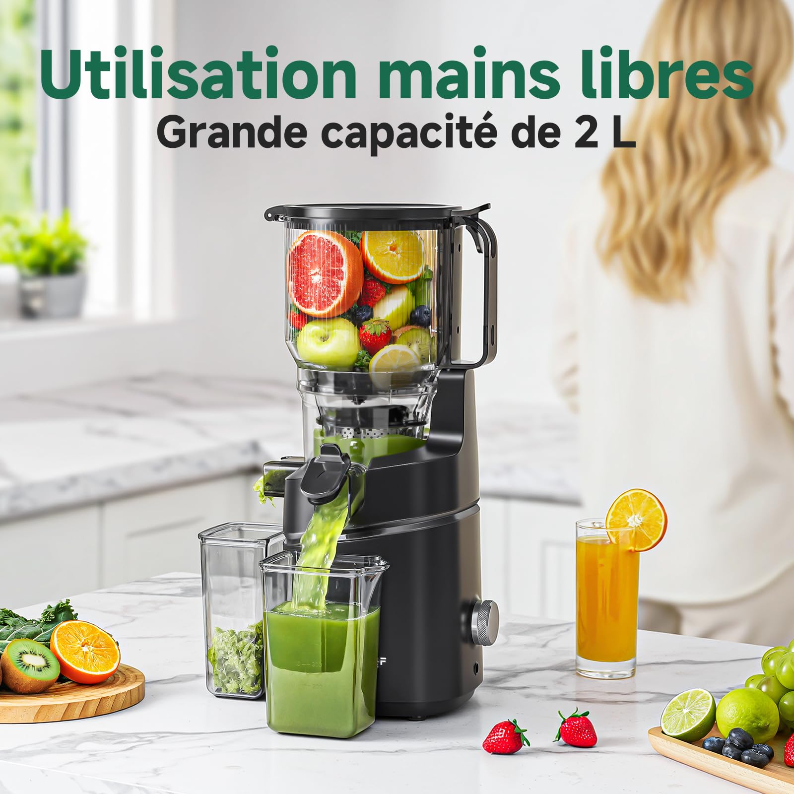 AMZCHEF Extracteur de jus automatique 250W, ouverture 150 mm, capacité 2L, noir