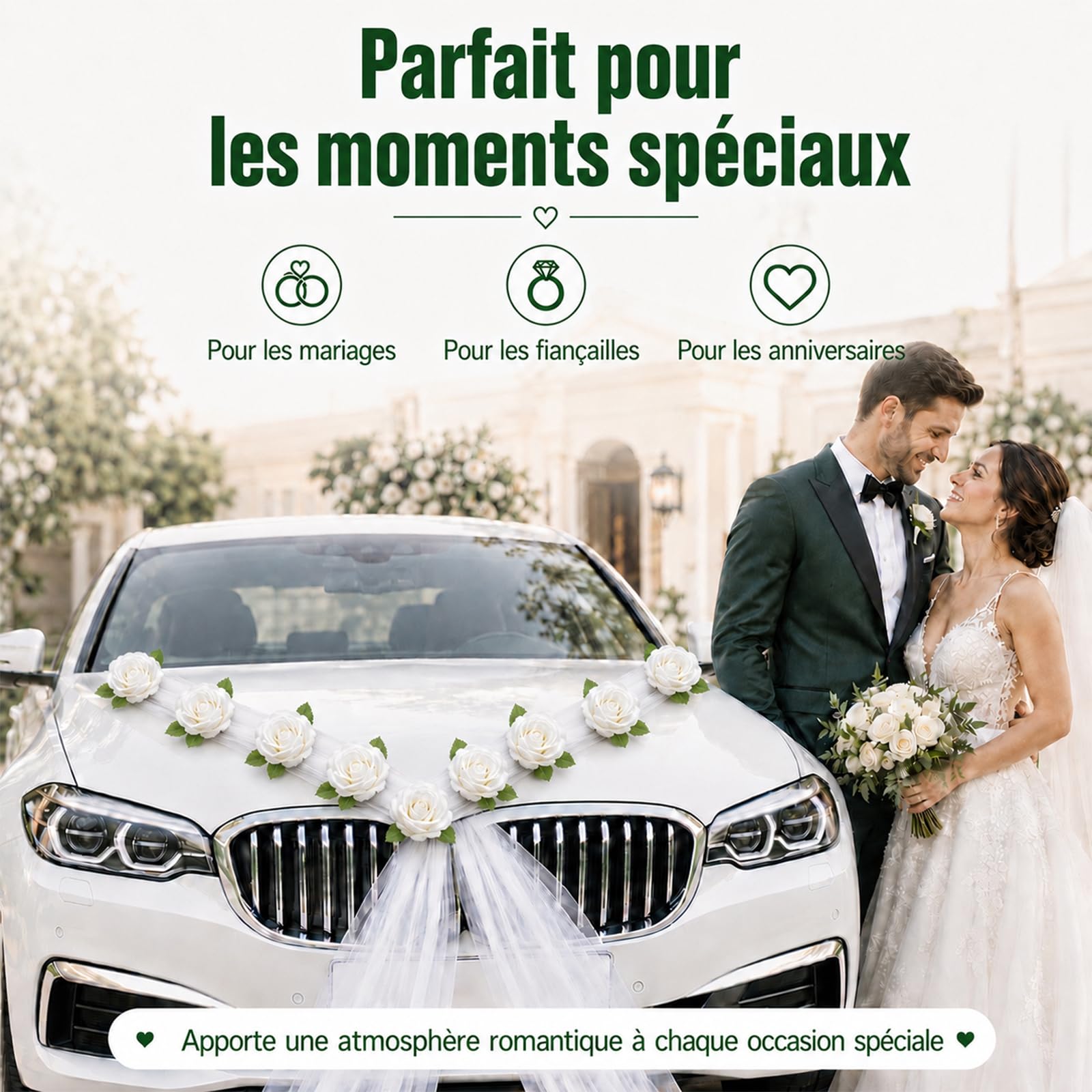 Décoration de voiture de mariage – Lot de 9 roses blanches avec ventouse, faciles à installer, réutilisables – Parfait pour mariage, demande en mariage, anniversaire de mariage