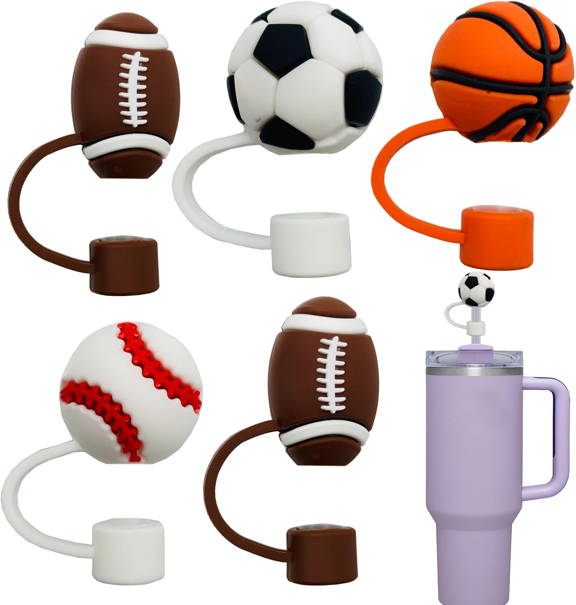 5pcs Straw Covers Cap Compatible with Stanley 20 30&40 oz Tumbler Cups Straw Topper fits 0.4In Reusable Straws,Balls Baseball Basketball Soccer BPA Free Silicone Straw Tips Lids