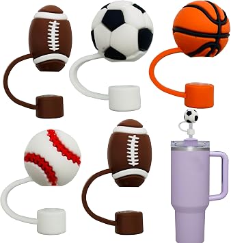 5pcs Straw Covers Cap Compatible with Stanley 20 30&40 oz Tumbler Cups Straw Topper fits 0.4In Reusable Straws,Balls Baseball Basketball Soccer BPA Free Silicone Straw Tips Lids
