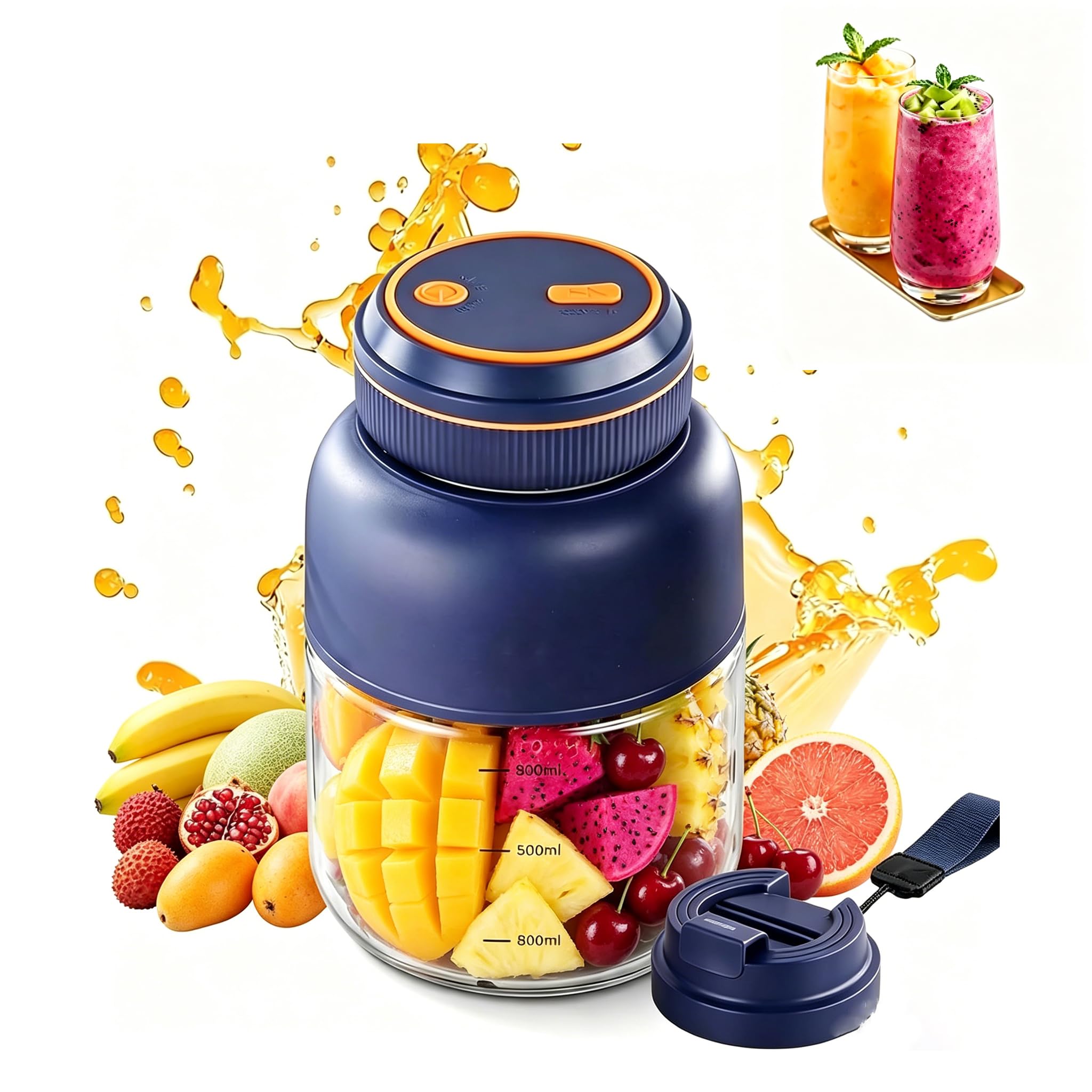 2026 New Portable Household Appliances Juicer, 44oz Large Capacity Blender with 3-Speed, Dual Lid & Leakproof Handle, Compact Travel Cup for Smoothies & Juice – for Office, Outdoor (Blue-1300ml)