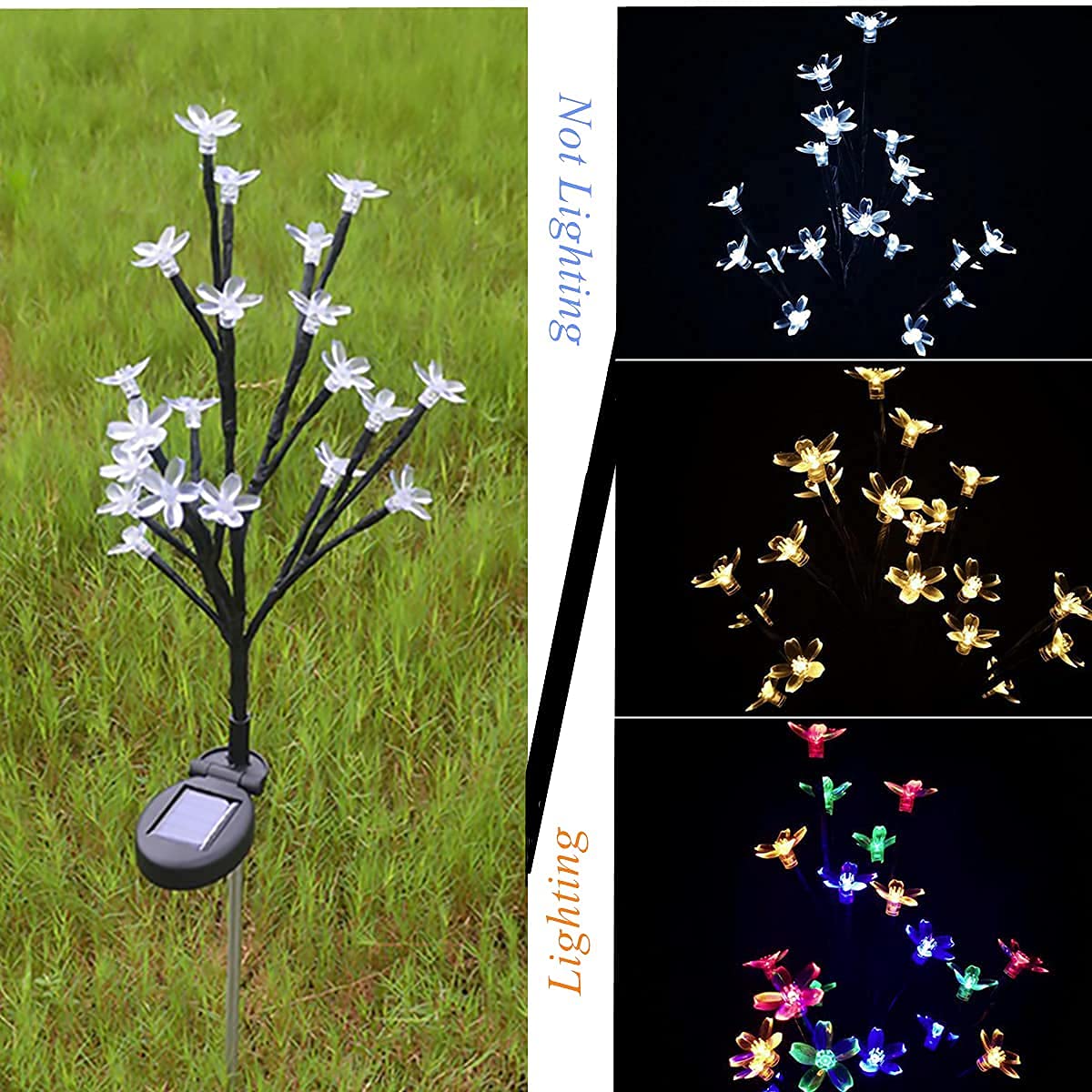 Luci solari da giardino a energia solare, a forma di fiore di ciliegio, 20 luci a LED impermeabili per vialetti, prati, cortili, passerelle, decorazioni natalizie, 3 pezzi