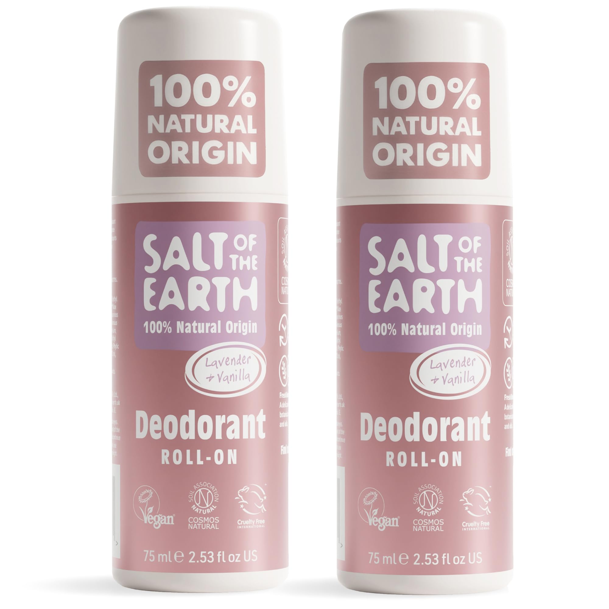 Salt of the Earth - 2 Pack Natural Roll On Deodorant Bundle (2 x 75ml) - Effective Protection, 100% Natural Origin Ingredients, Vegan Unisex Roll On, Made in the UK - Lavender and Vanilla