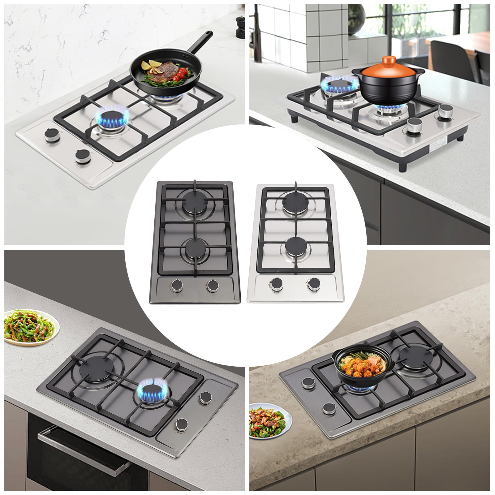 Hornillo de gas para camping, estufa de gas, 2 fuegos, 3 KW + 1,75 kW, doble quemador, compatible con LPG NG, mesa de acero inoxidable, encendido por pulsos, RV, camping, barbacoa, cocina al aire