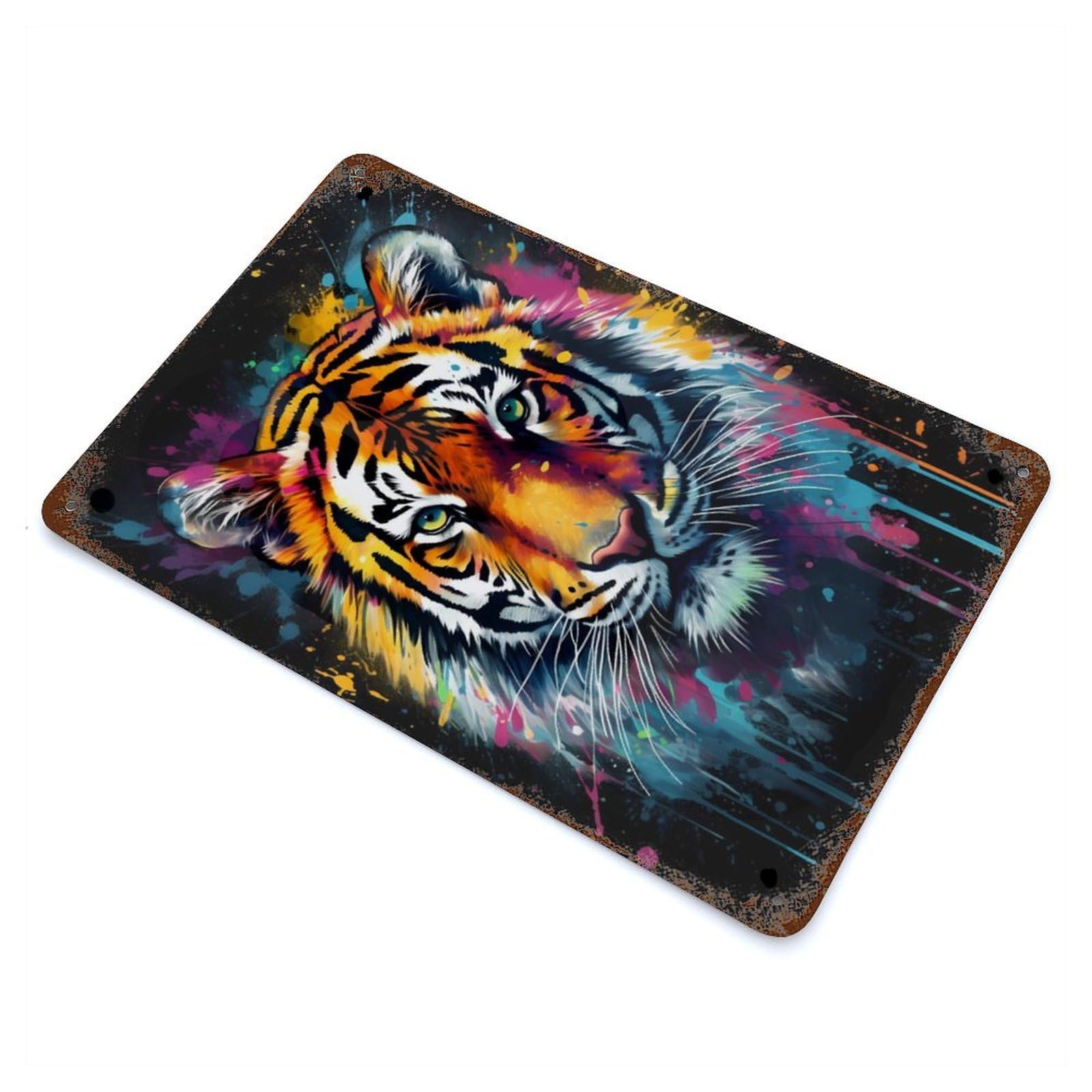 Weathered Tin Sign Colorful Tiger With Drips 11.8"x7.9", Rustic Home Decor for Bistro, Counter And Cafe Decor