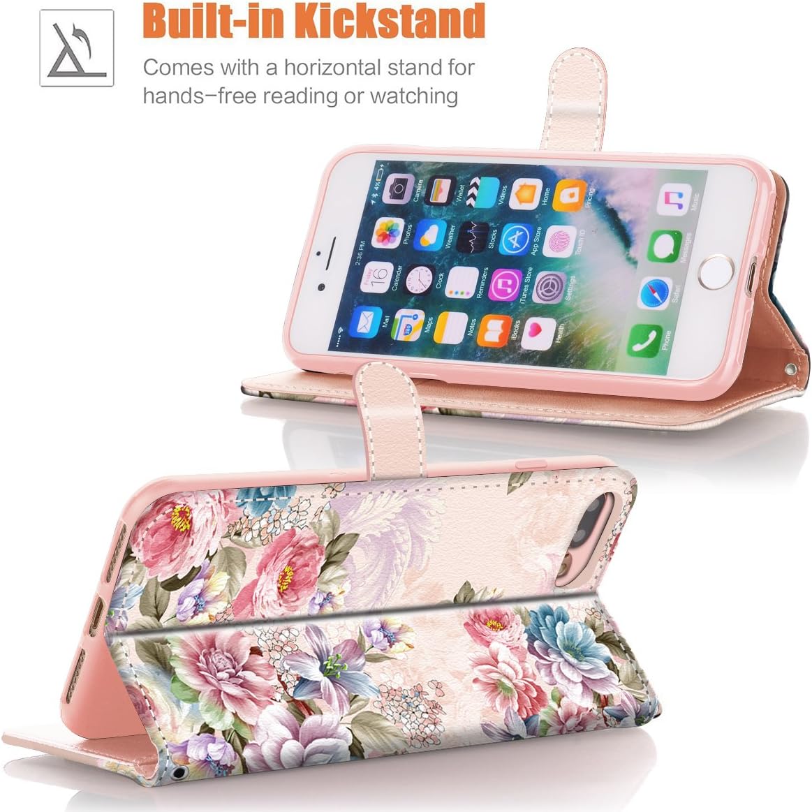 iPhone 7 Plus Case, iPhone 8 Plus Case, Hocase PU Leather Full Body Protective Case with Credit Card Holders, Wrist Strap, Magnetic Closure for iPhone 8 Plus/iPhone 7 Plus - Peony/Rose Gold