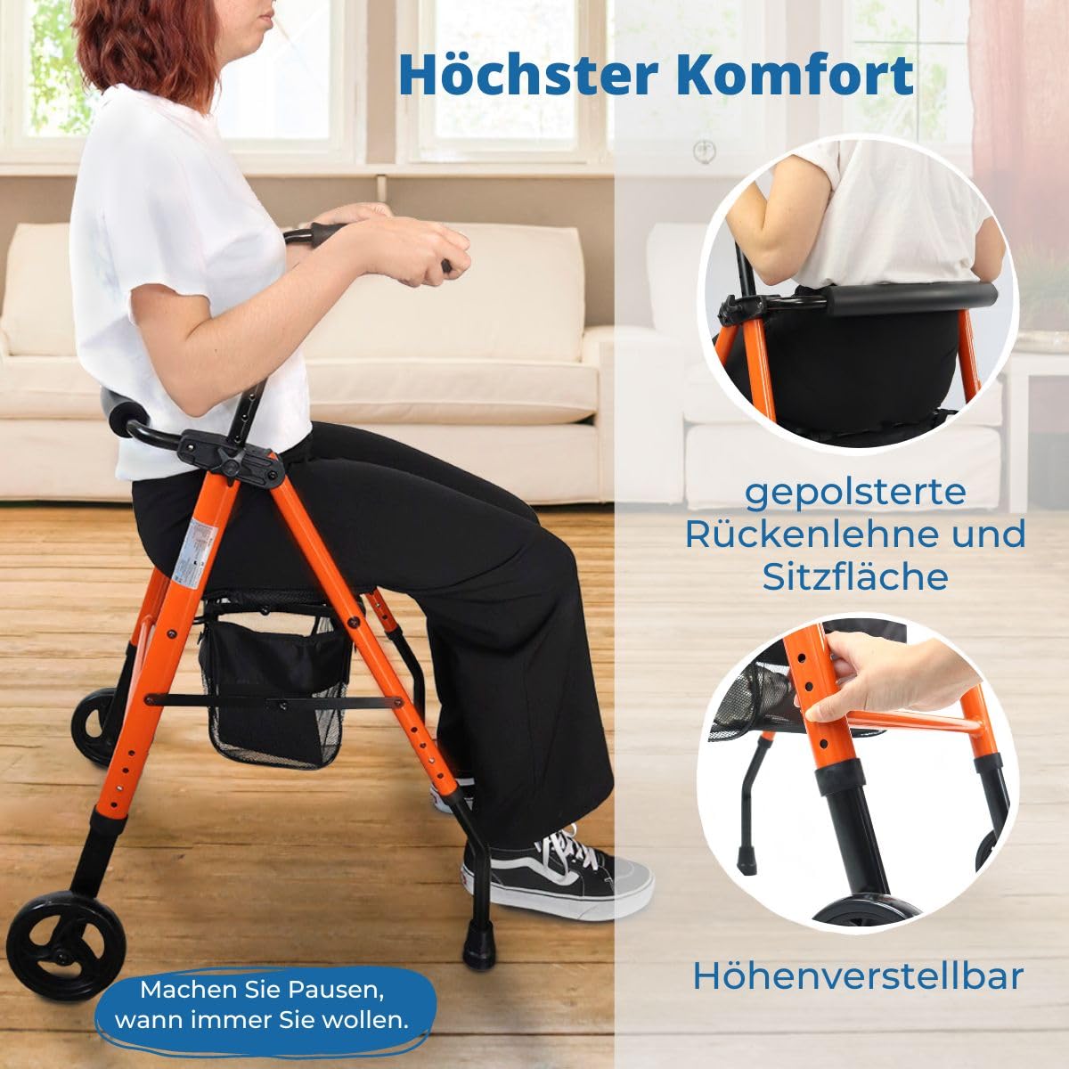 Mobiclinic®, Gehbock mit Rollen Klappbar, Zusammenklappbar, Höhenverstellbar, Nerón, Rollator, Mit Sitz und Rückenlehne, 2 Räder und Rutschfeste Trittflächen, Ablagekorb, Leichtgewicht, Stahl, Orange