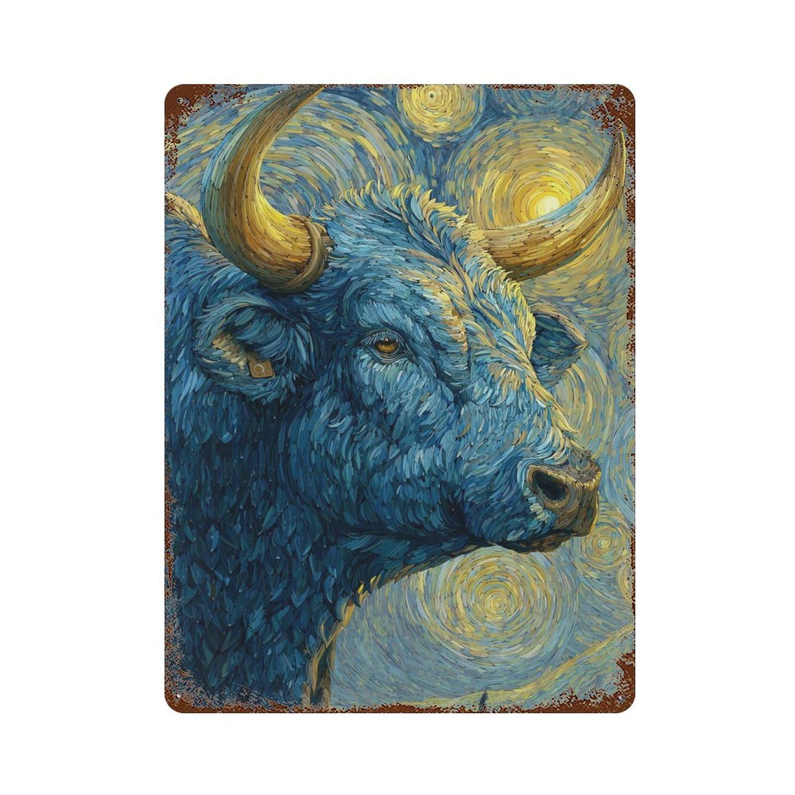Vintage Rust Metal Sign Starry Night Bull Art Print -2 15.7"x11.8", Novelty Wall Decor for Garage, Bar And Workshop Decor